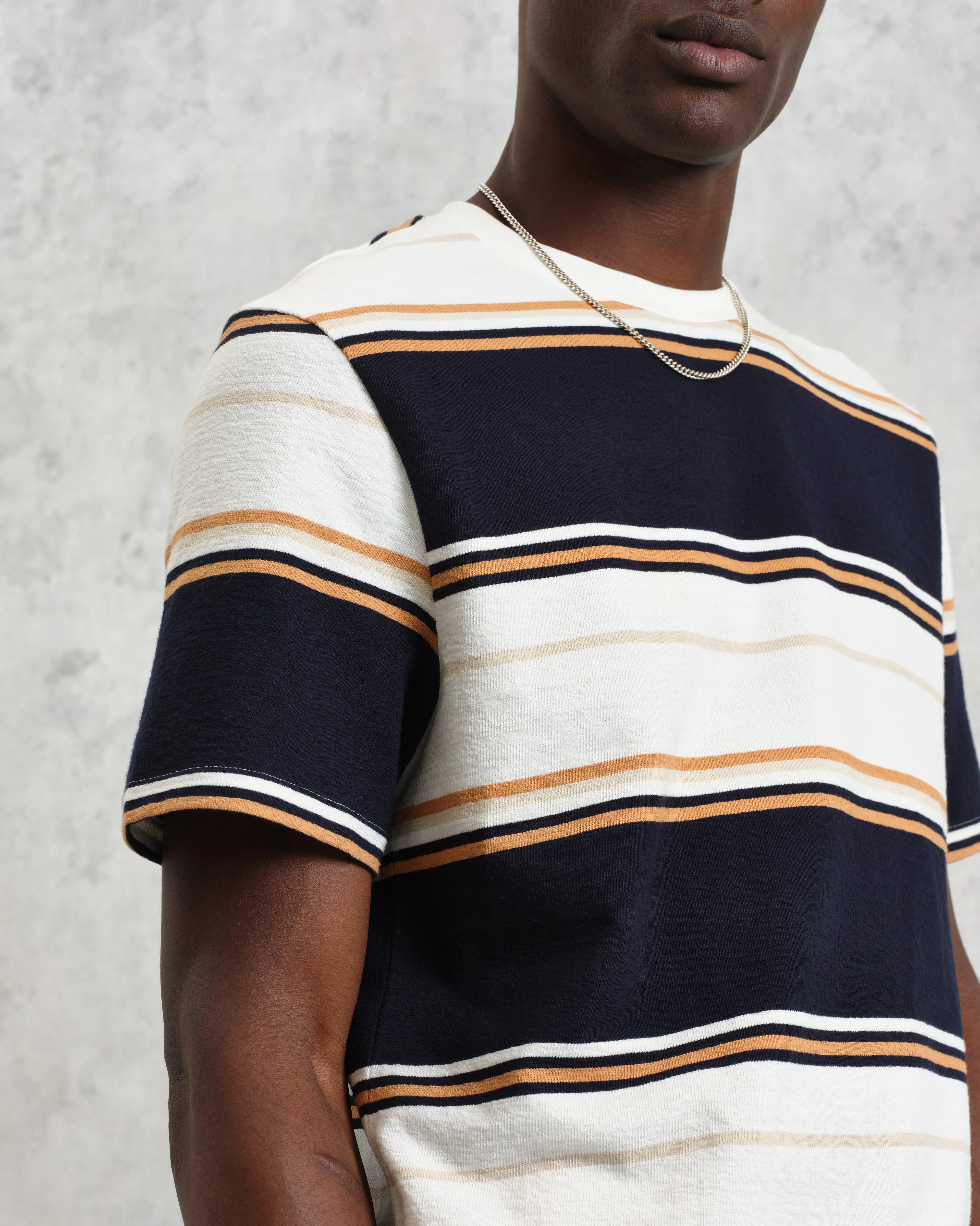 Dean - Navy And Ecru Stripe Textured Organic Cotton T-Shirt sold by Wax London product image thumbnail 3