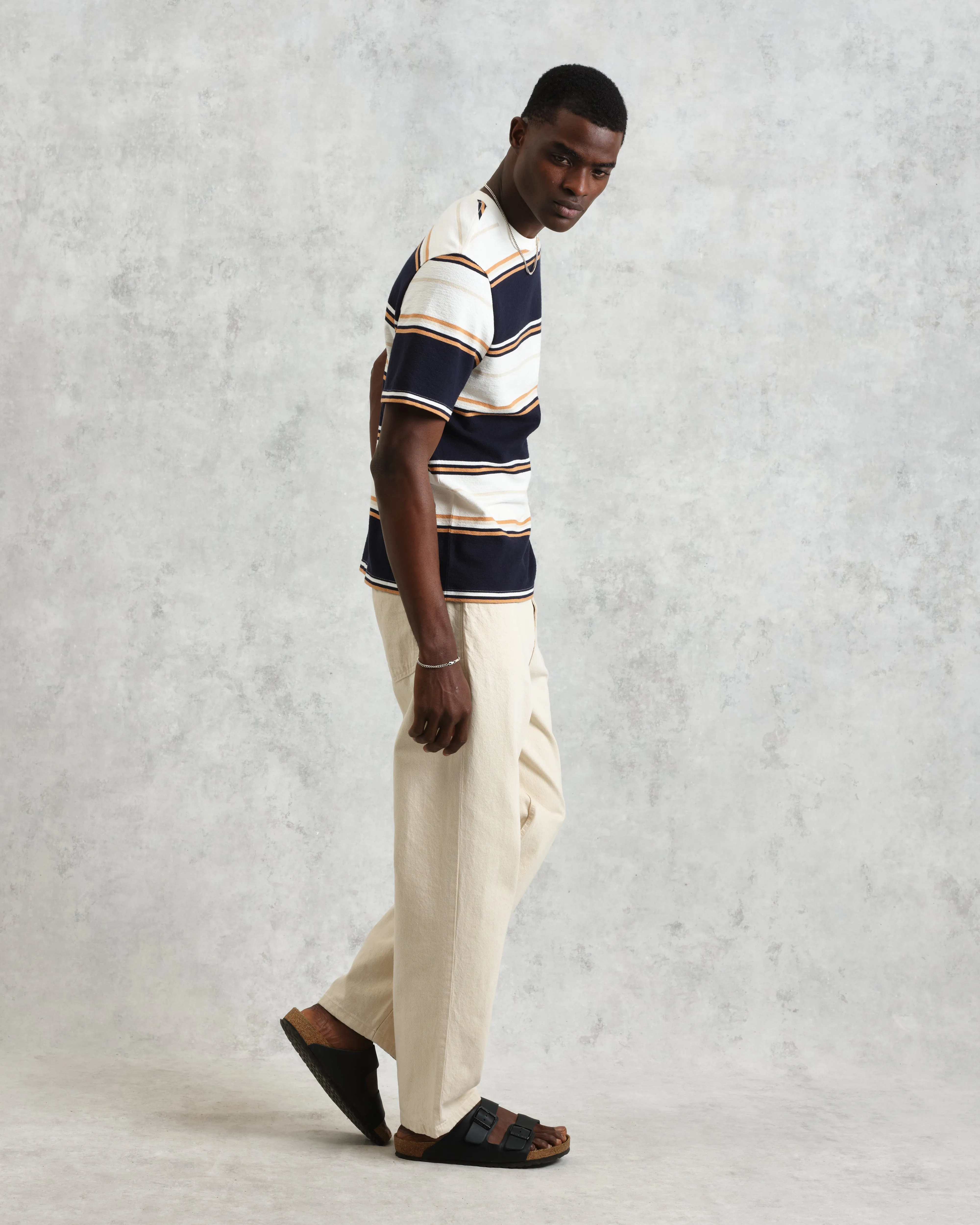 Dean - Navy And Ecru Stripe Textured Organic Cotton T-Shirt sold by Wax London product image thumbnail 5