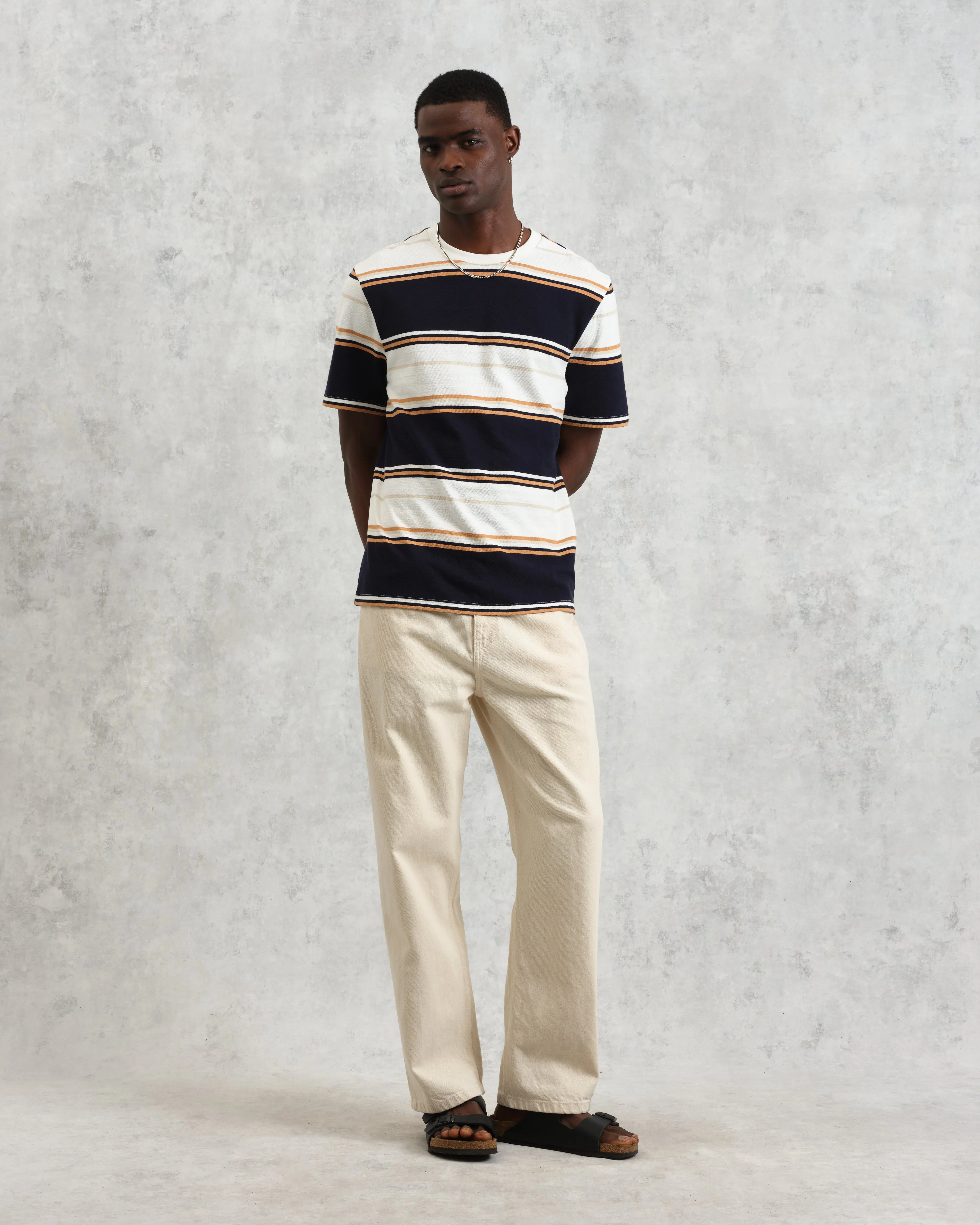 Dean - Navy And Ecru Stripe Textured Organic Cotton T-Shirt sold by Wax London product image thumbnail 4