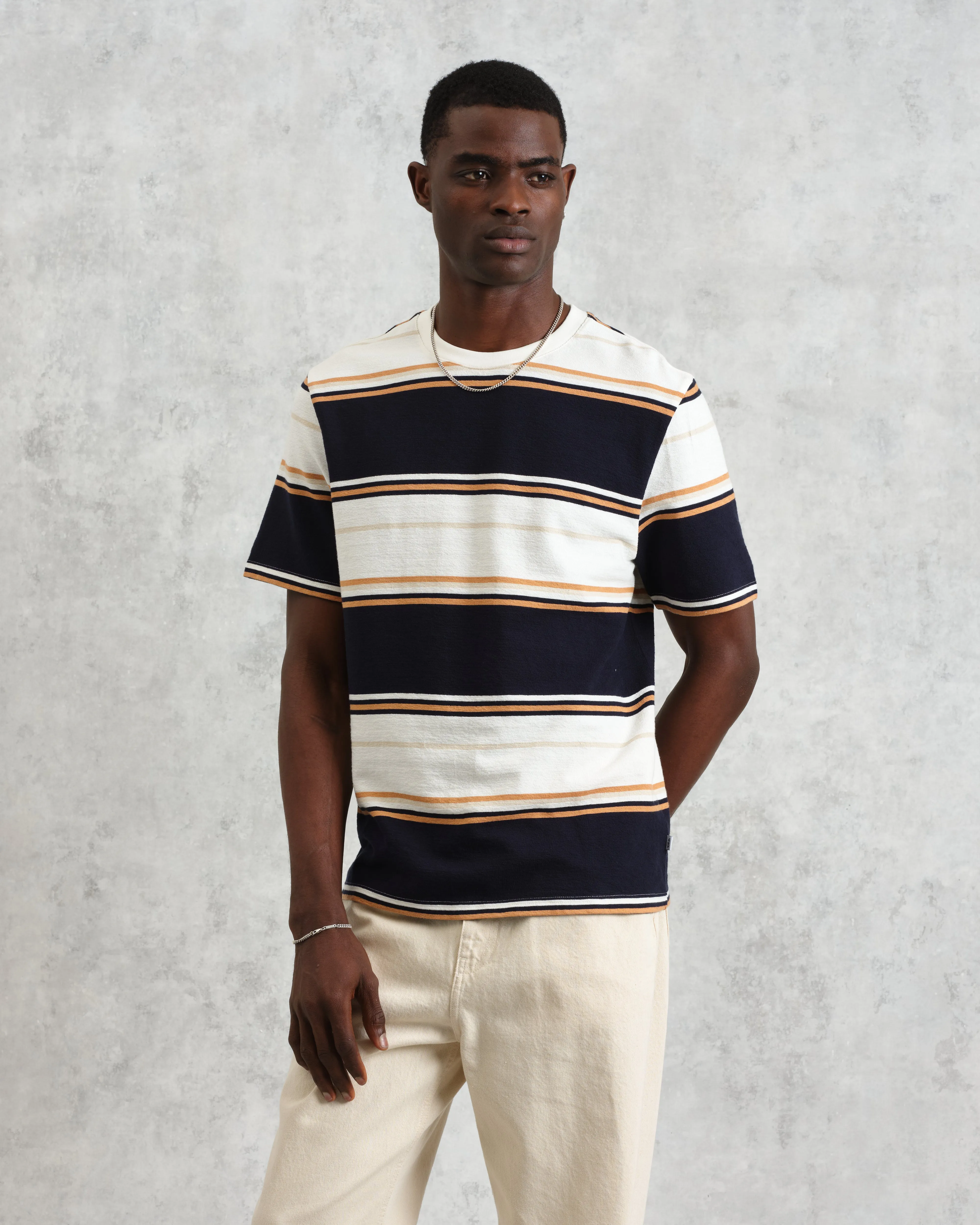 Dean - Navy And Ecru Stripe Textured Organic Cotton T-Shirt sold by Wax London product image thumbnail 2