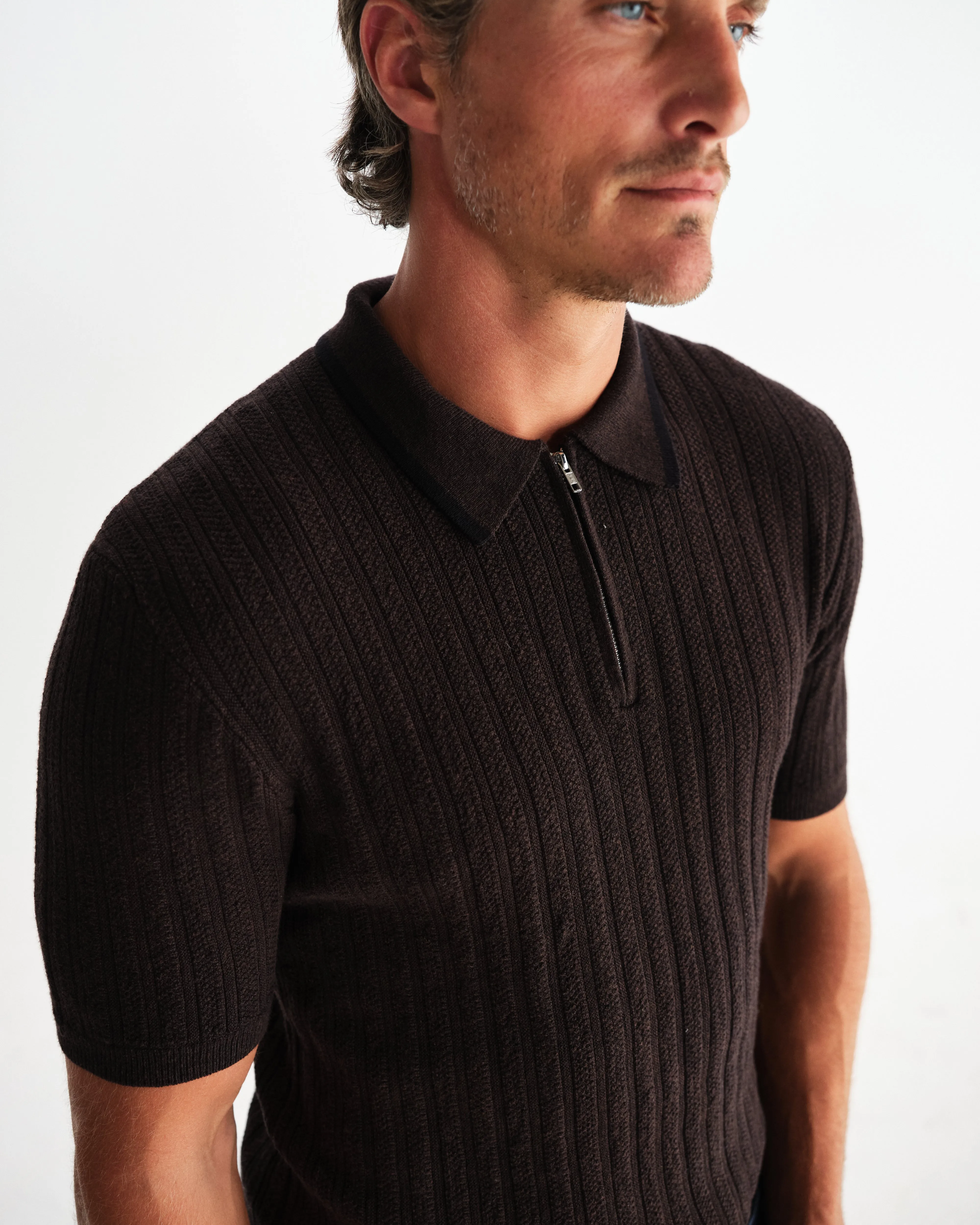 Bury - Dark Brown Stripe Zip Polo sold by Wax London product image thumbnail 3