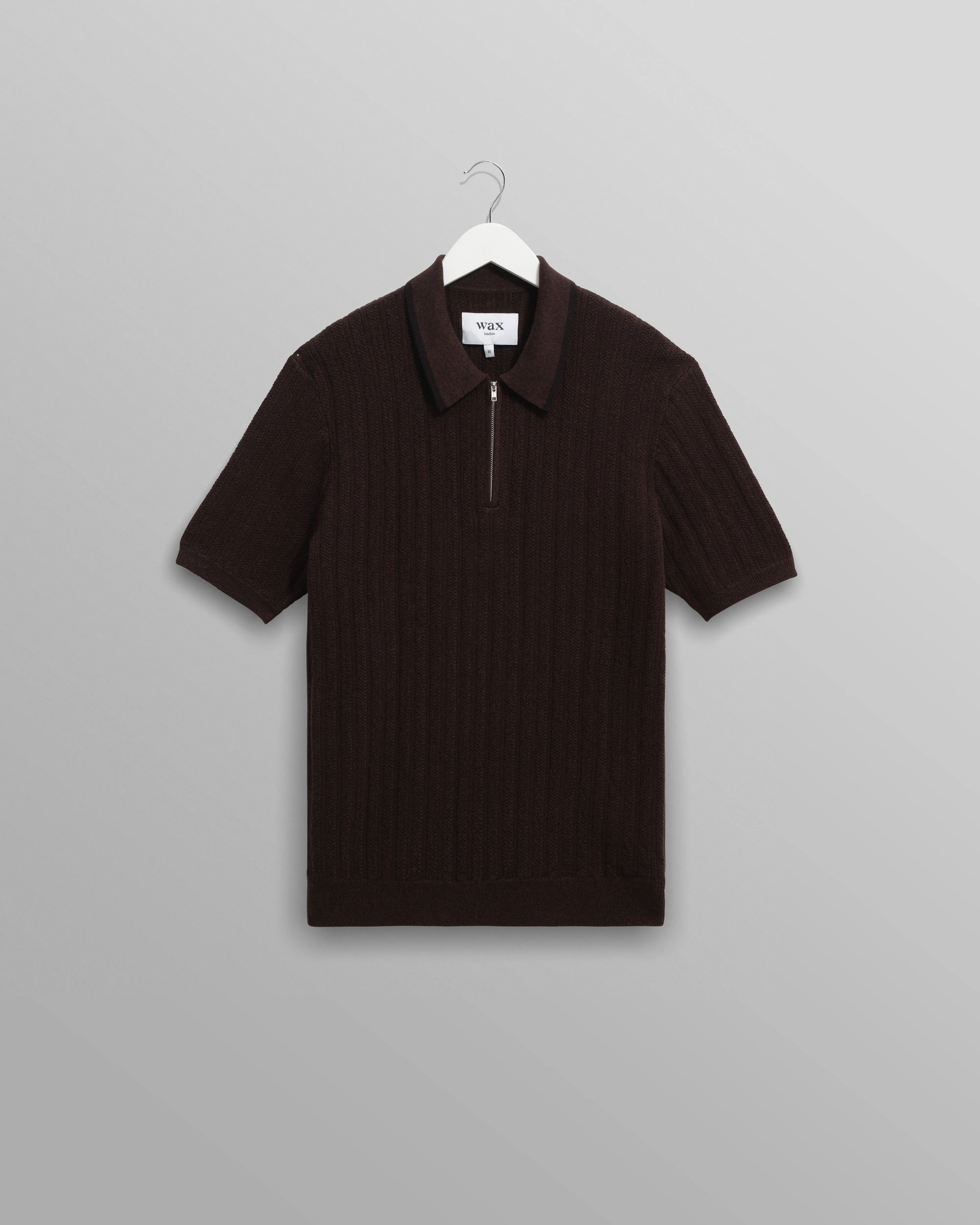 Bury - Dark Brown Stripe Zip Polo sold by Wax London