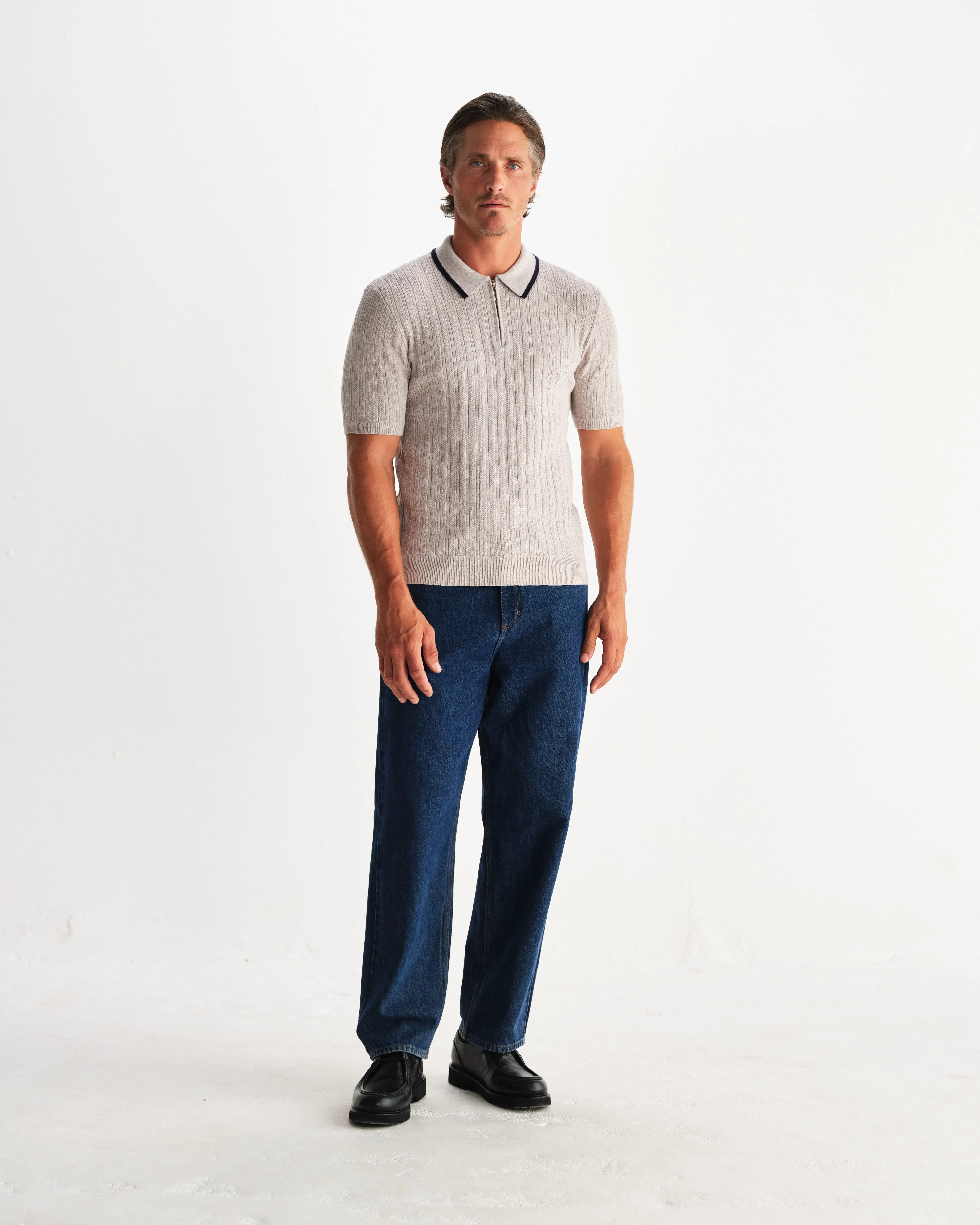 Bury - Natural Melange Stripe Zip Polo sold by Wax London product image thumbnail 4