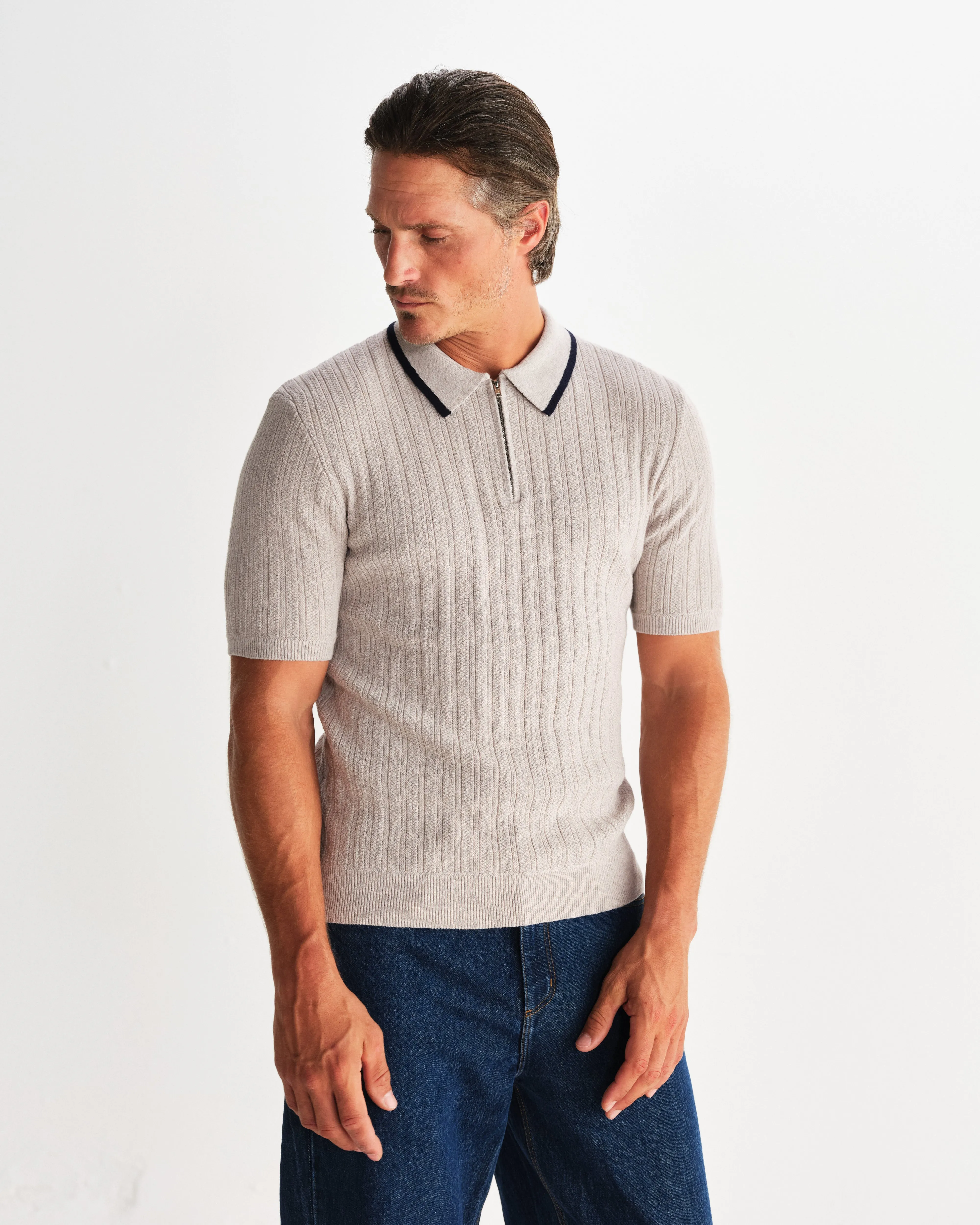 Bury - Natural Melange Stripe Zip Polo sold by Wax London product image thumbnail 2