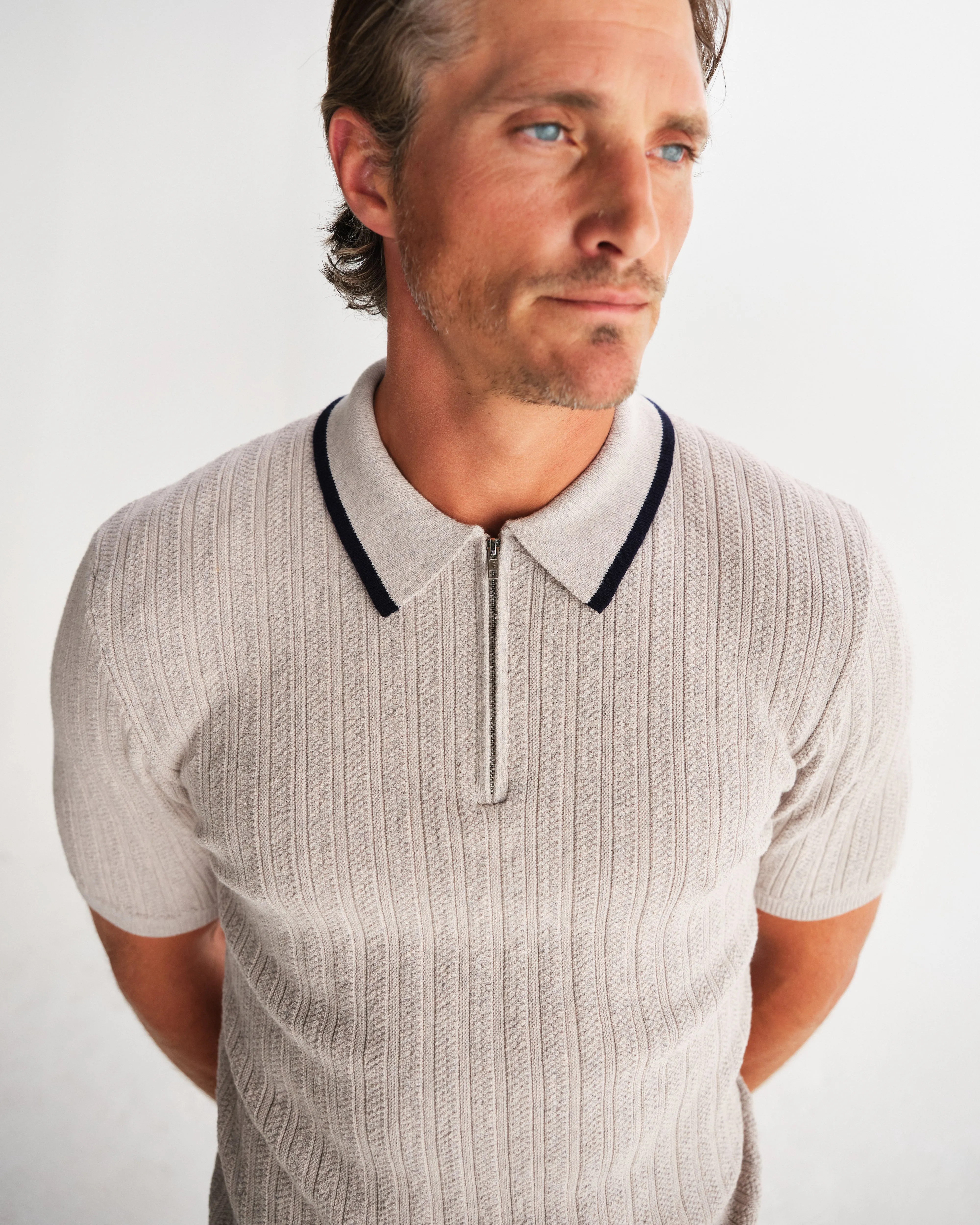 Bury - Natural Melange Stripe Zip Polo sold by Wax London product image thumbnail 3