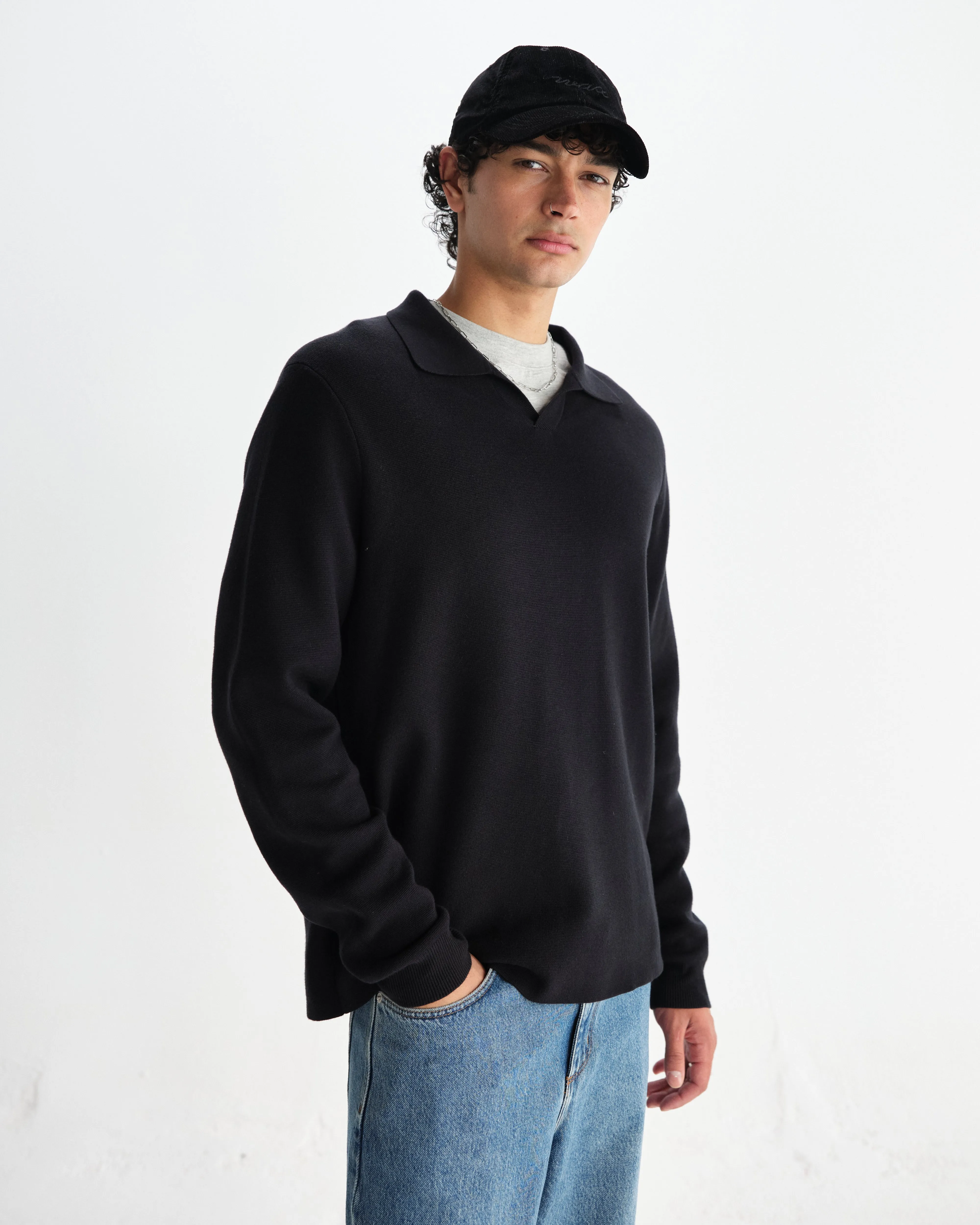 Carter - Black Open Collar Milano Knit Polo sold by Wax London product image thumbnail 2