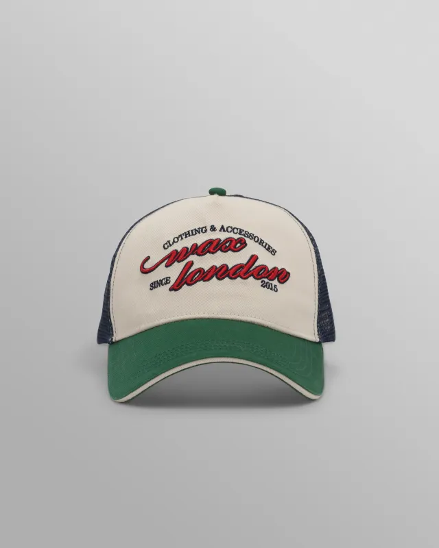 Dale - Ecru And Multicolour Script Trucker Cap made by Wax London