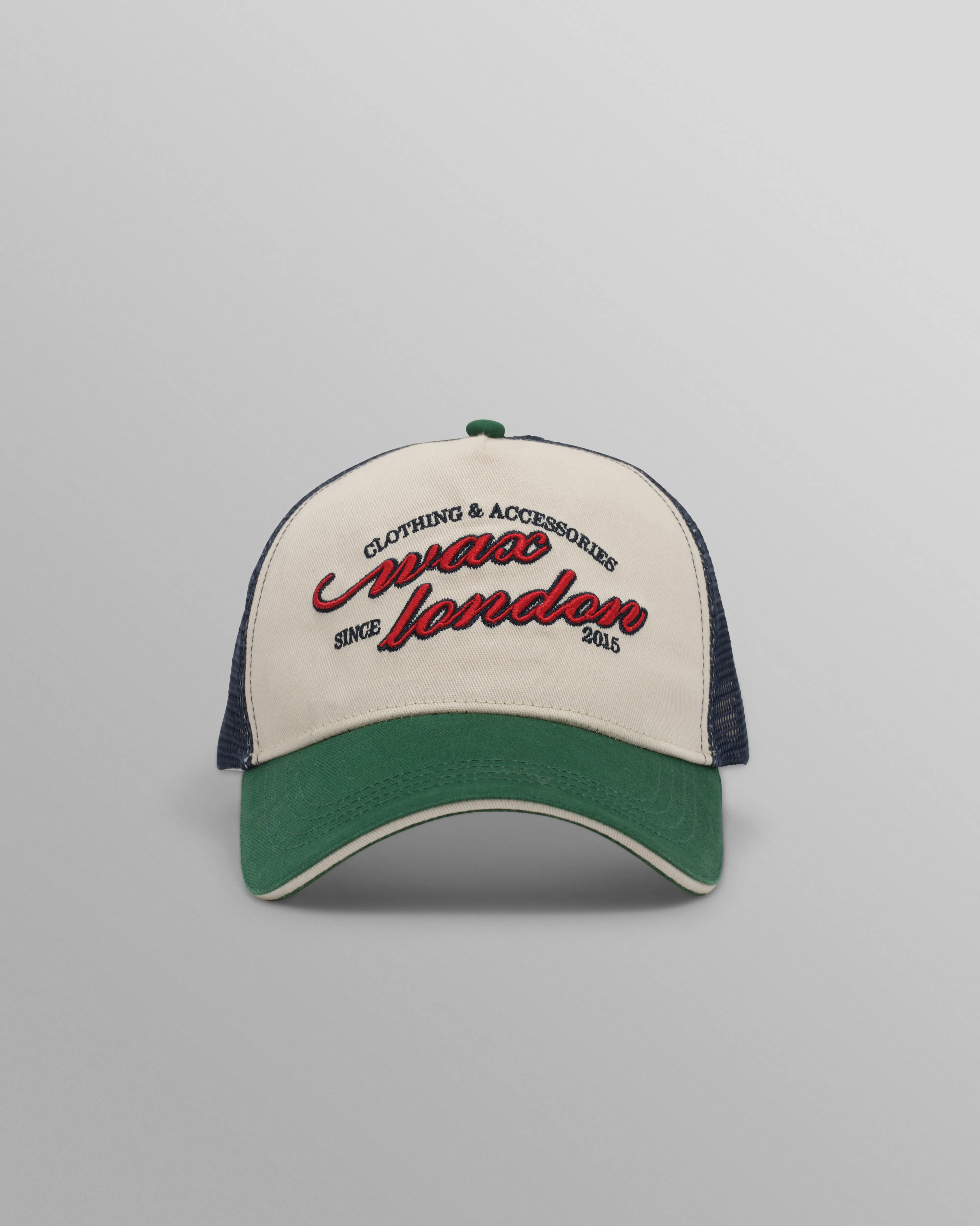 Dale - Ecru And Multicolour Script Trucker Cap sold by Wax London