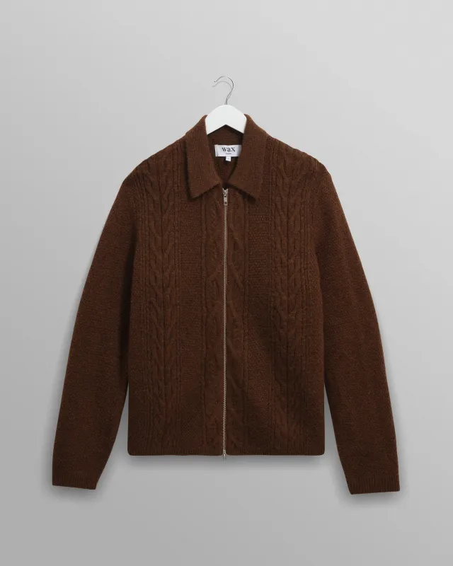 Friar - Brown Brush Cable Knit Zip Cardigan made by Wax London