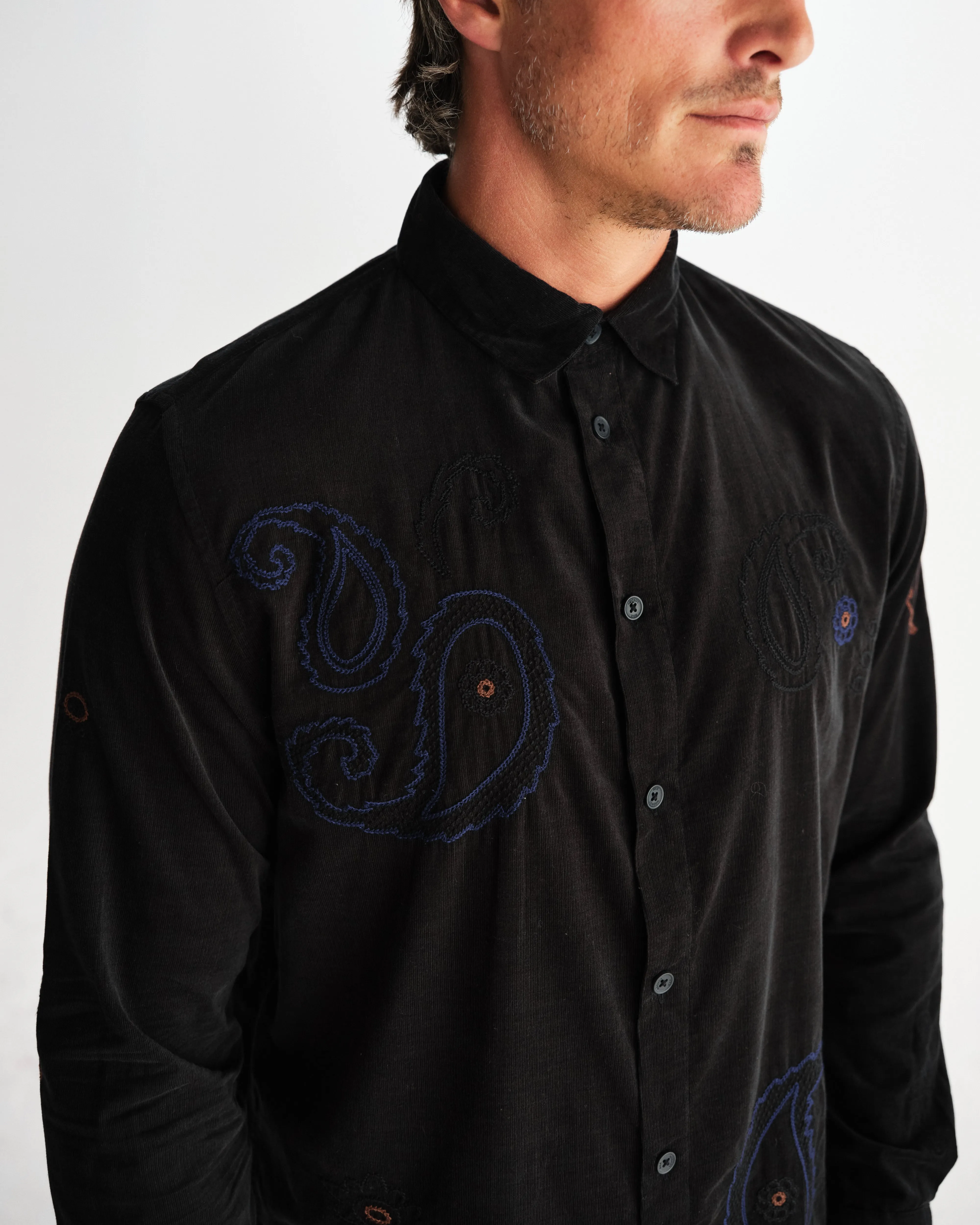 Halcomb - Black And Multicolour Applique Corduroy Shirt sold by Wax London product image thumbnail 3