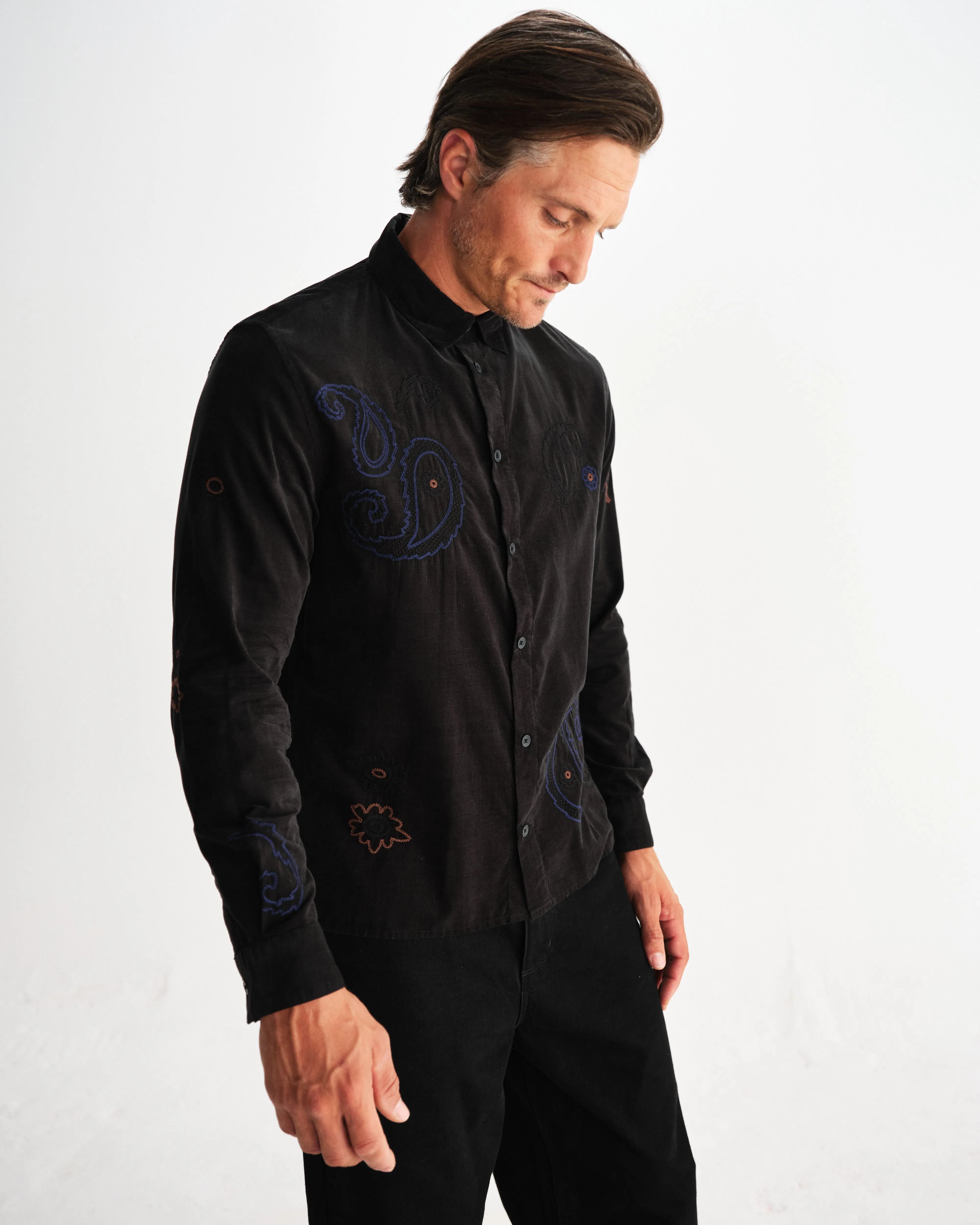Halcomb - Black And Multicolour Applique Corduroy Shirt sold by Wax London product image thumbnail 2