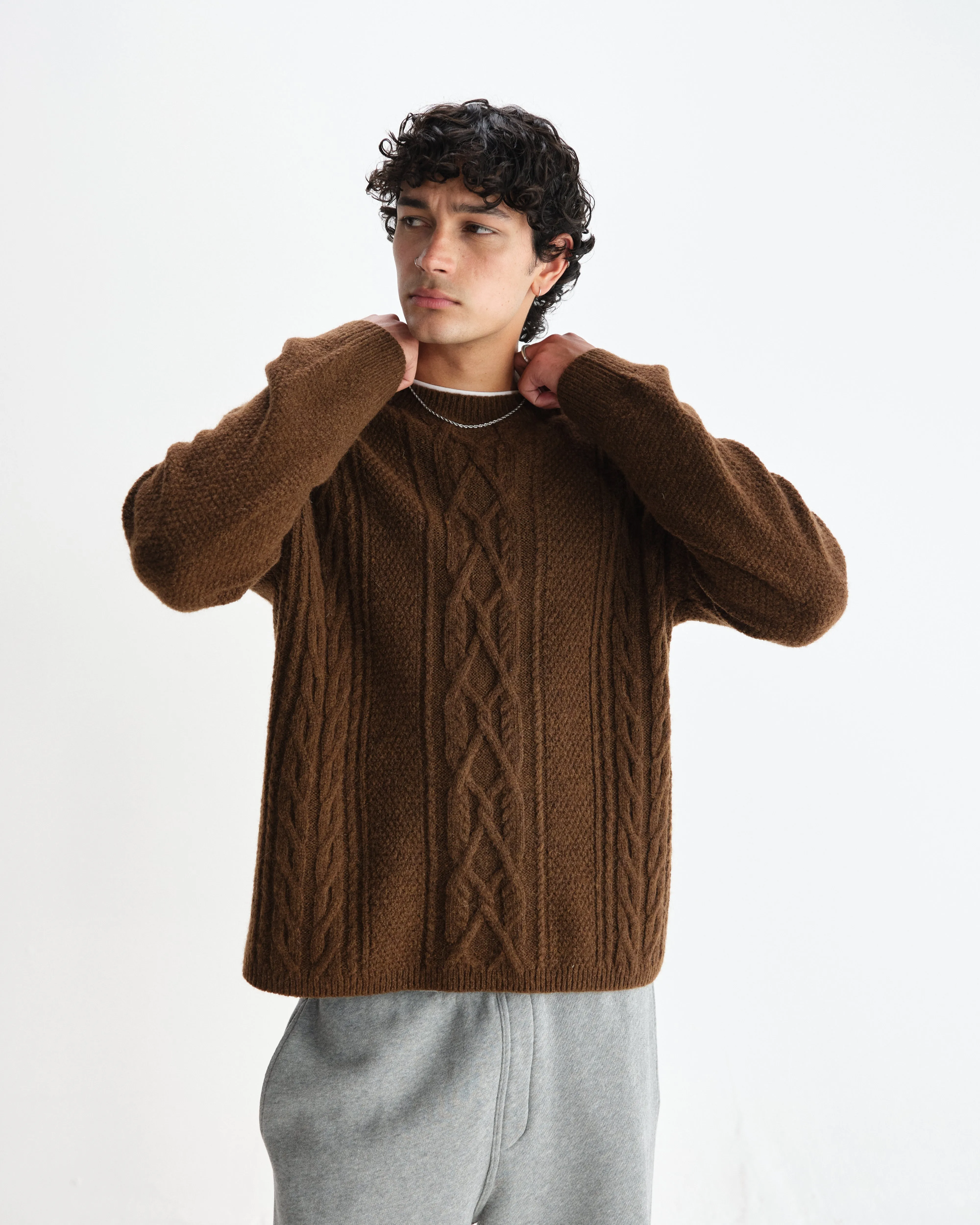 Hyatt - Brown Brush Cable Knit Crewneck Jumper sold by Wax London product image thumbnail 2