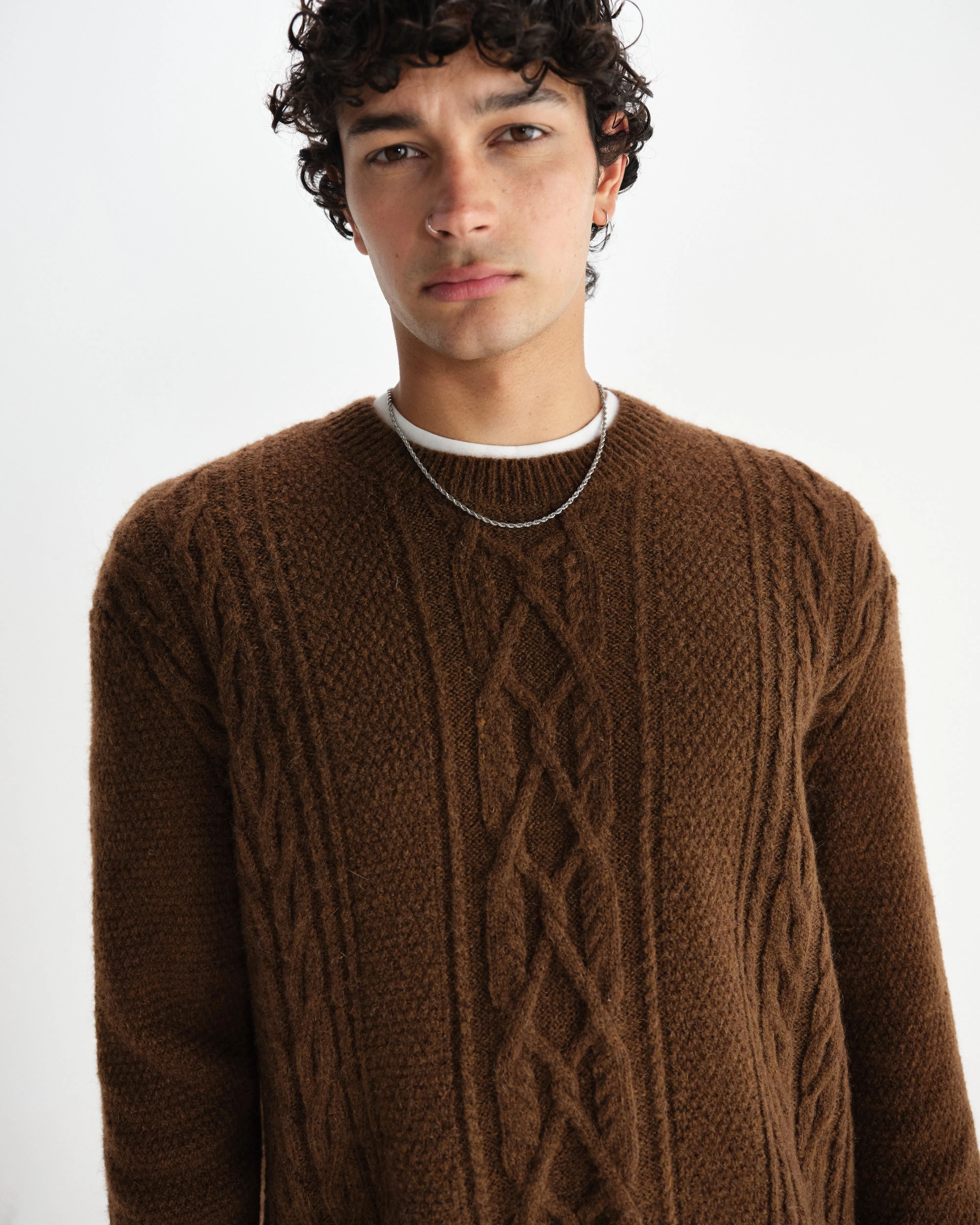 Hyatt - Brown Brush Cable Knit Crewneck Jumper sold by Wax London product image thumbnail 3