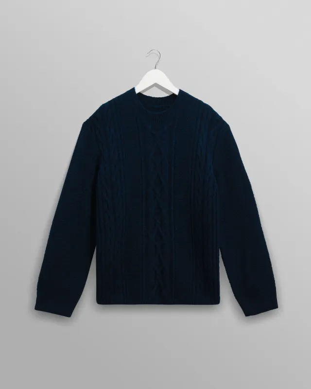 Hyatt - Navy Brush Cable Knit Crewneck Jumper made by Wax London