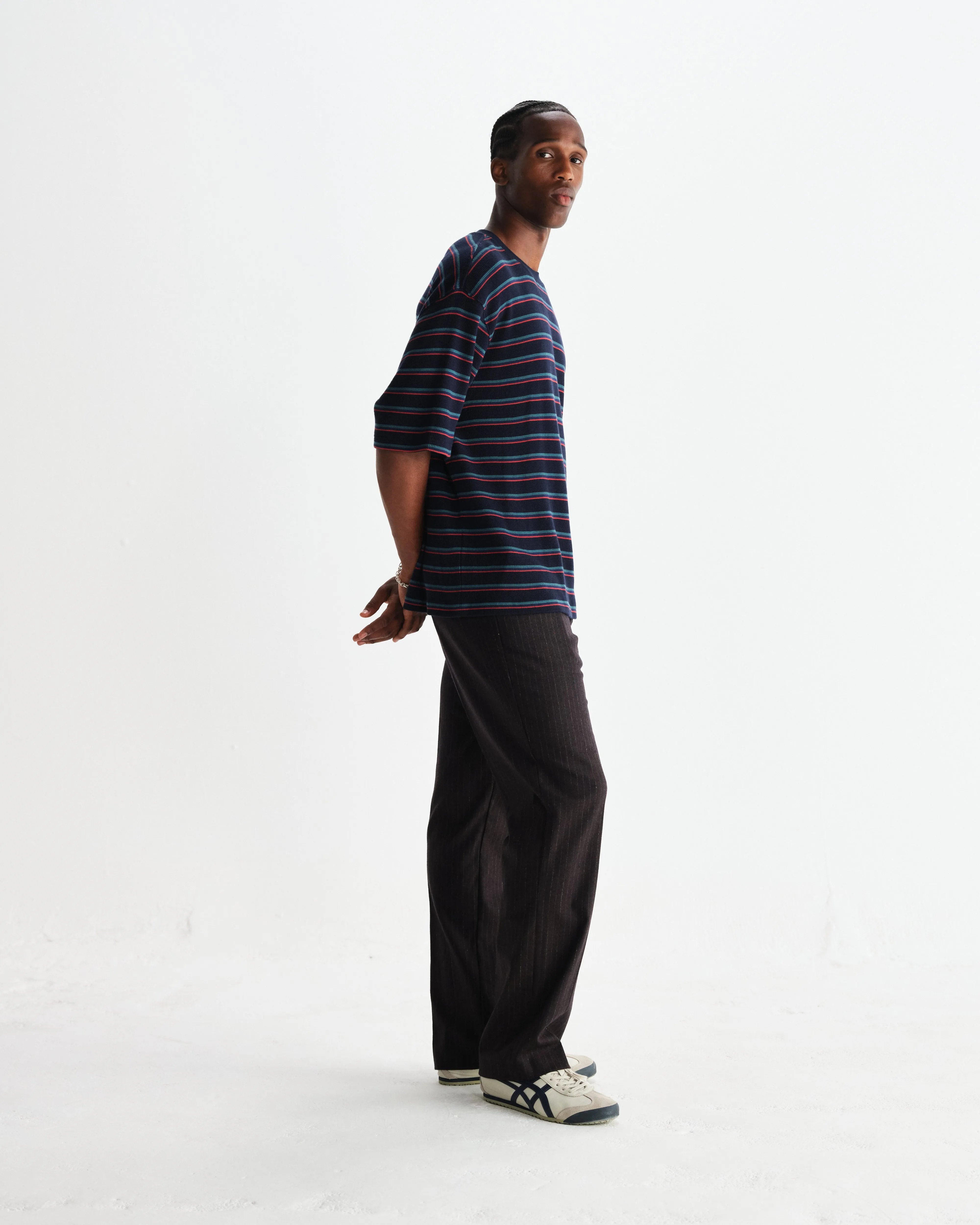 Milton - Navy Organic Stripe Waffle Cotton T-Shirt sold by Wax London product image thumbnail 5