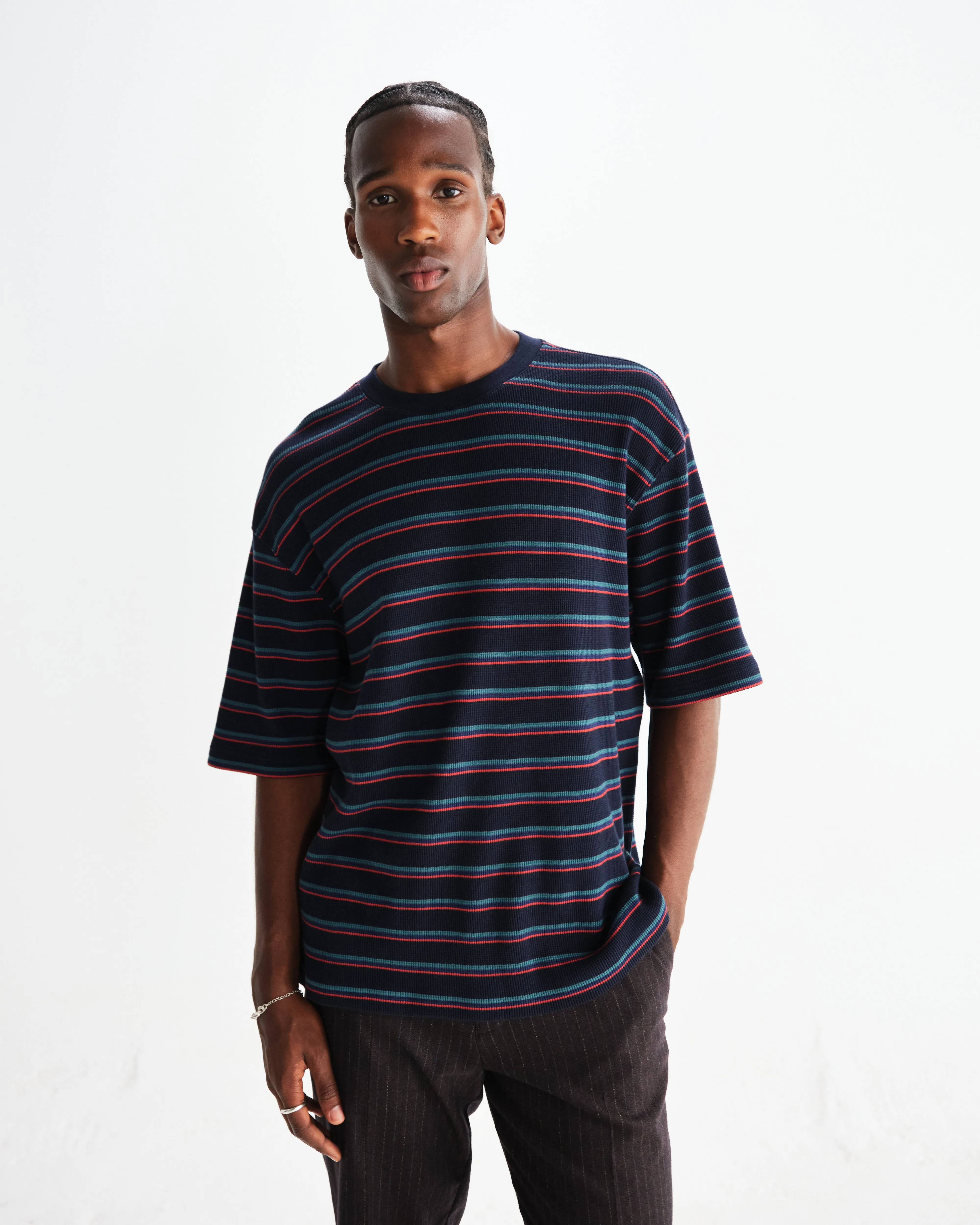 Milton - Navy Organic Stripe Waffle Cotton T-Shirt sold by Wax London product image thumbnail 2