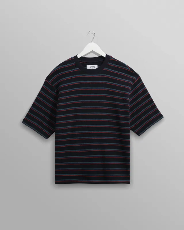 Milton - Navy Organic Stripe Waffle Cotton T-Shirt sold by Wax London