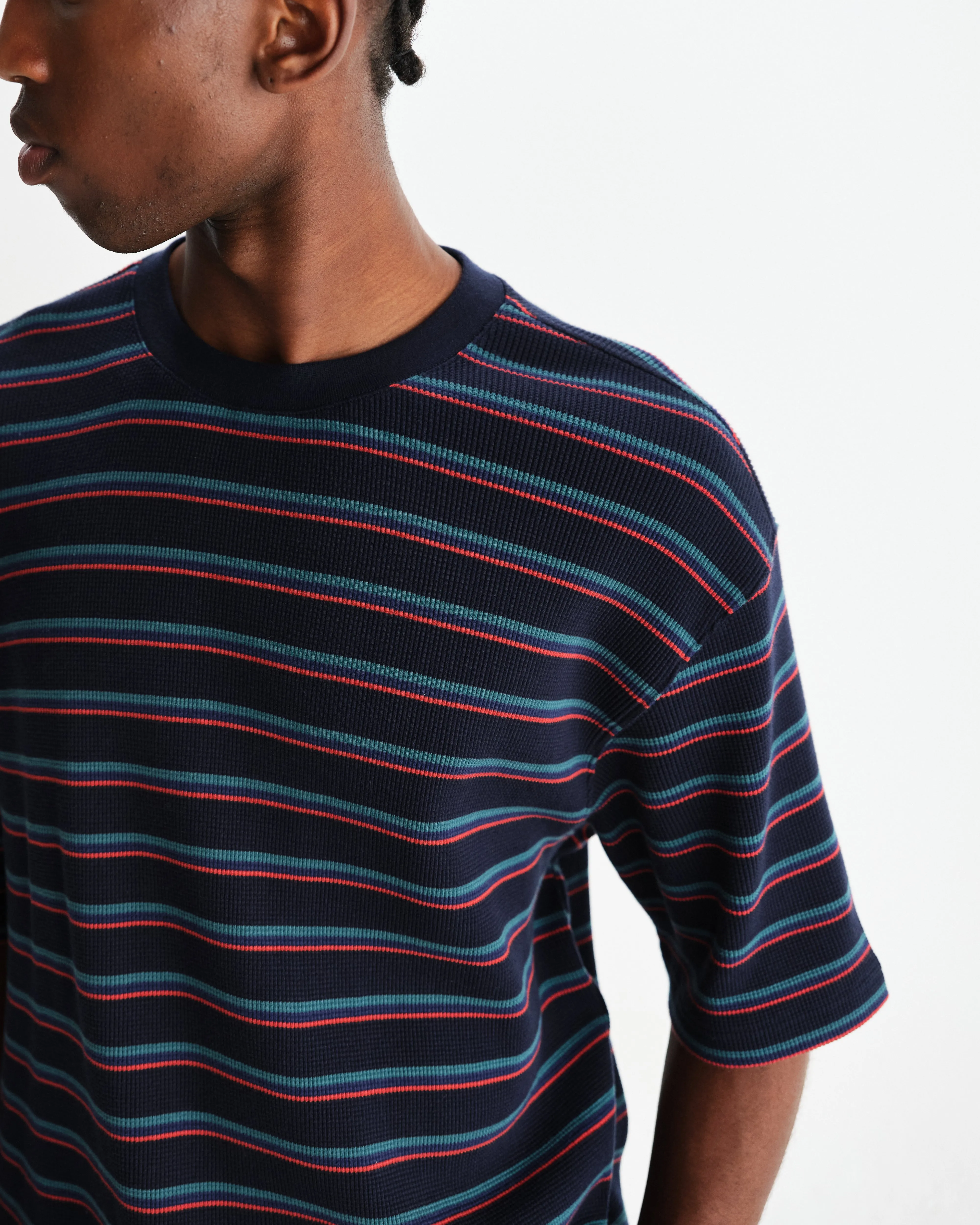 Milton - Navy Organic Stripe Waffle Cotton T-Shirt sold by Wax London product image thumbnail 3