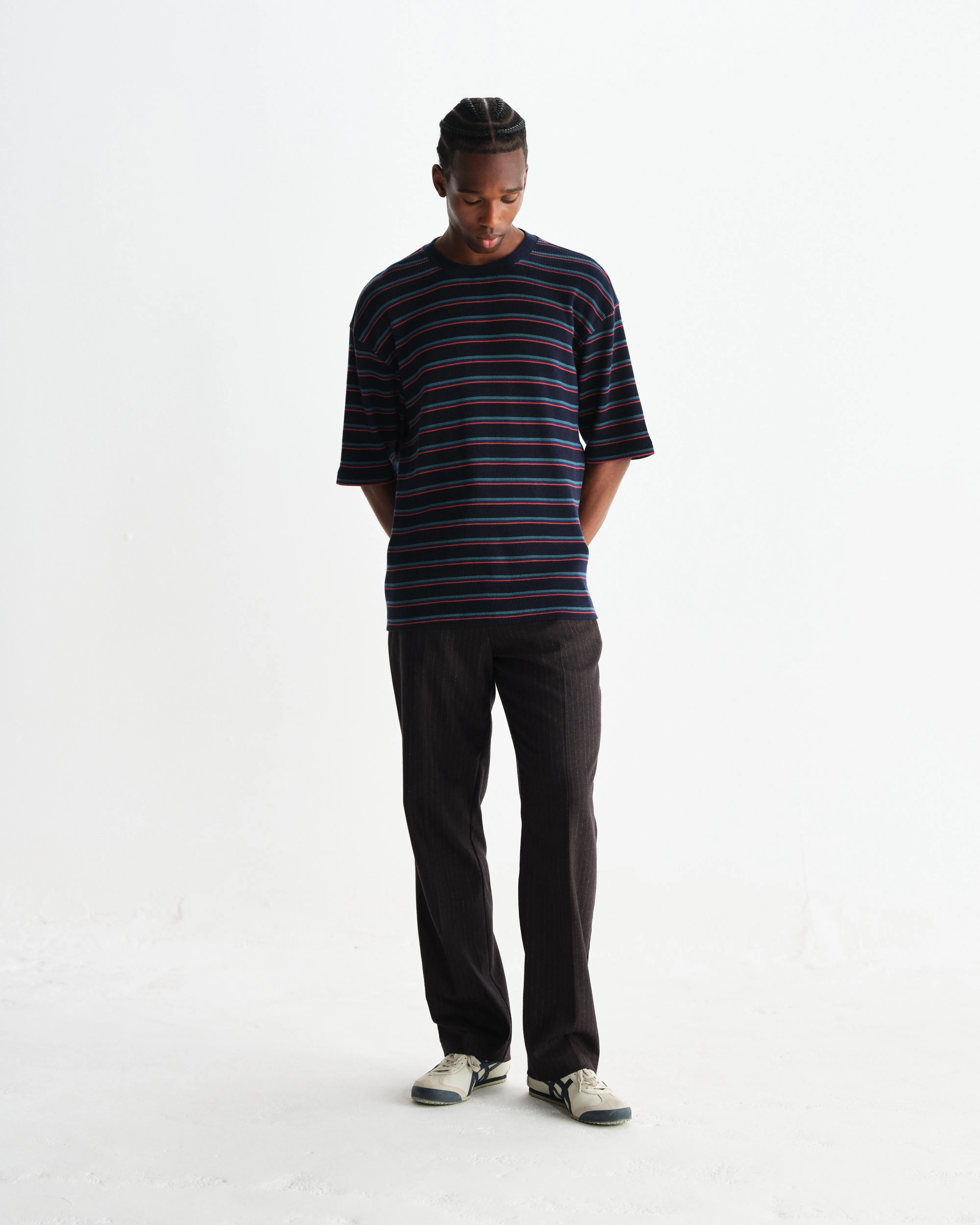 Milton - Navy Organic Stripe Waffle Cotton T-Shirt sold by Wax London product image thumbnail 4