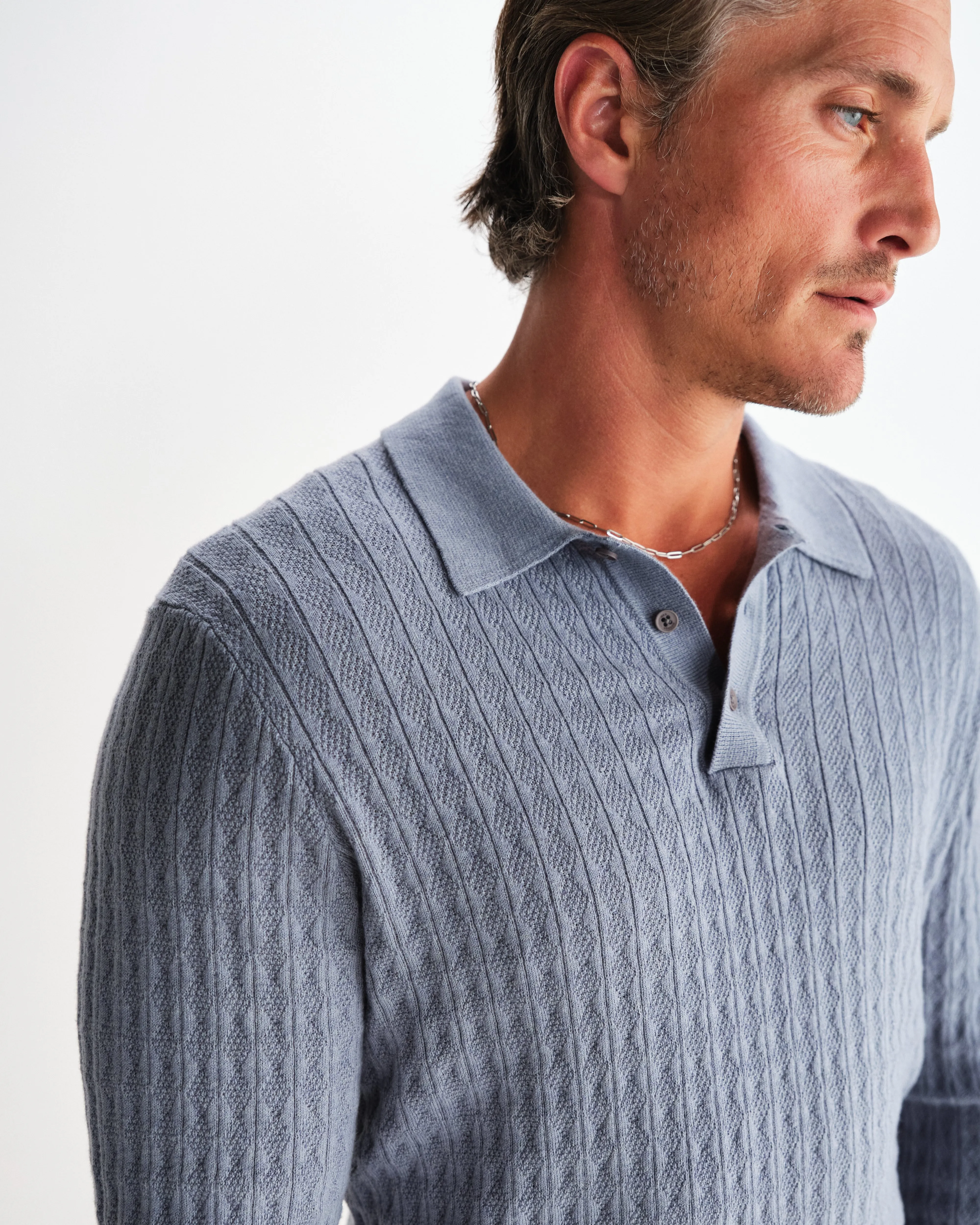 Oban - Grey Blue Diamond Stripe Knitted Polo sold by Wax London product image thumbnail 3