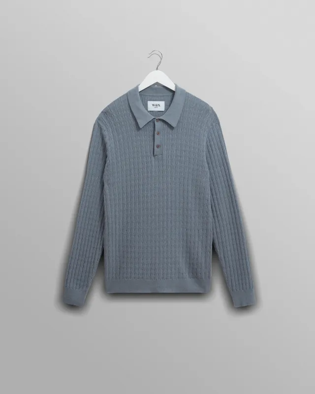 Oban - Grey Blue Diamond Stripe Knitted Polo made by Wax London
