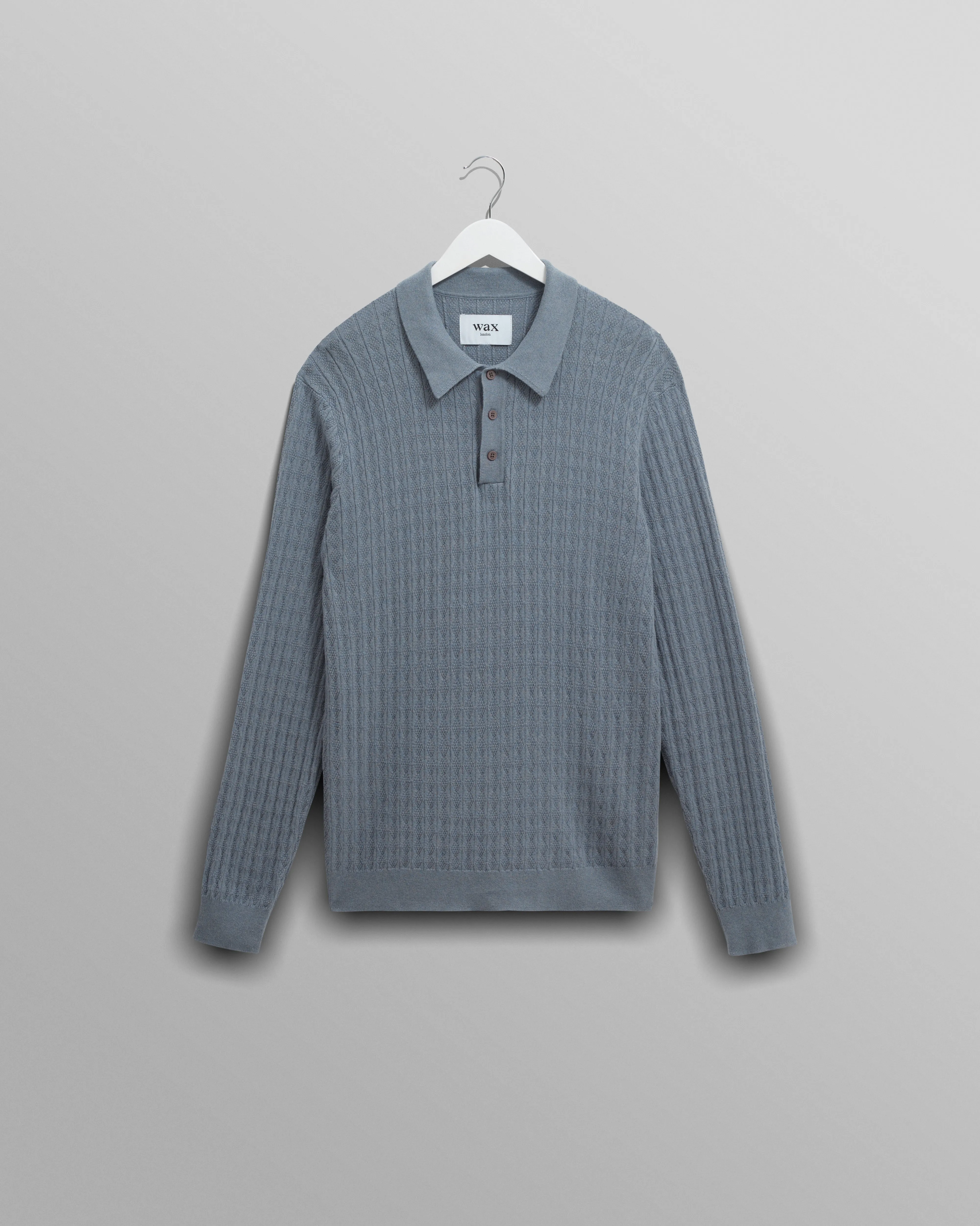 Oban - Grey Blue Diamond Stripe Knitted Polo sold by Wax London
