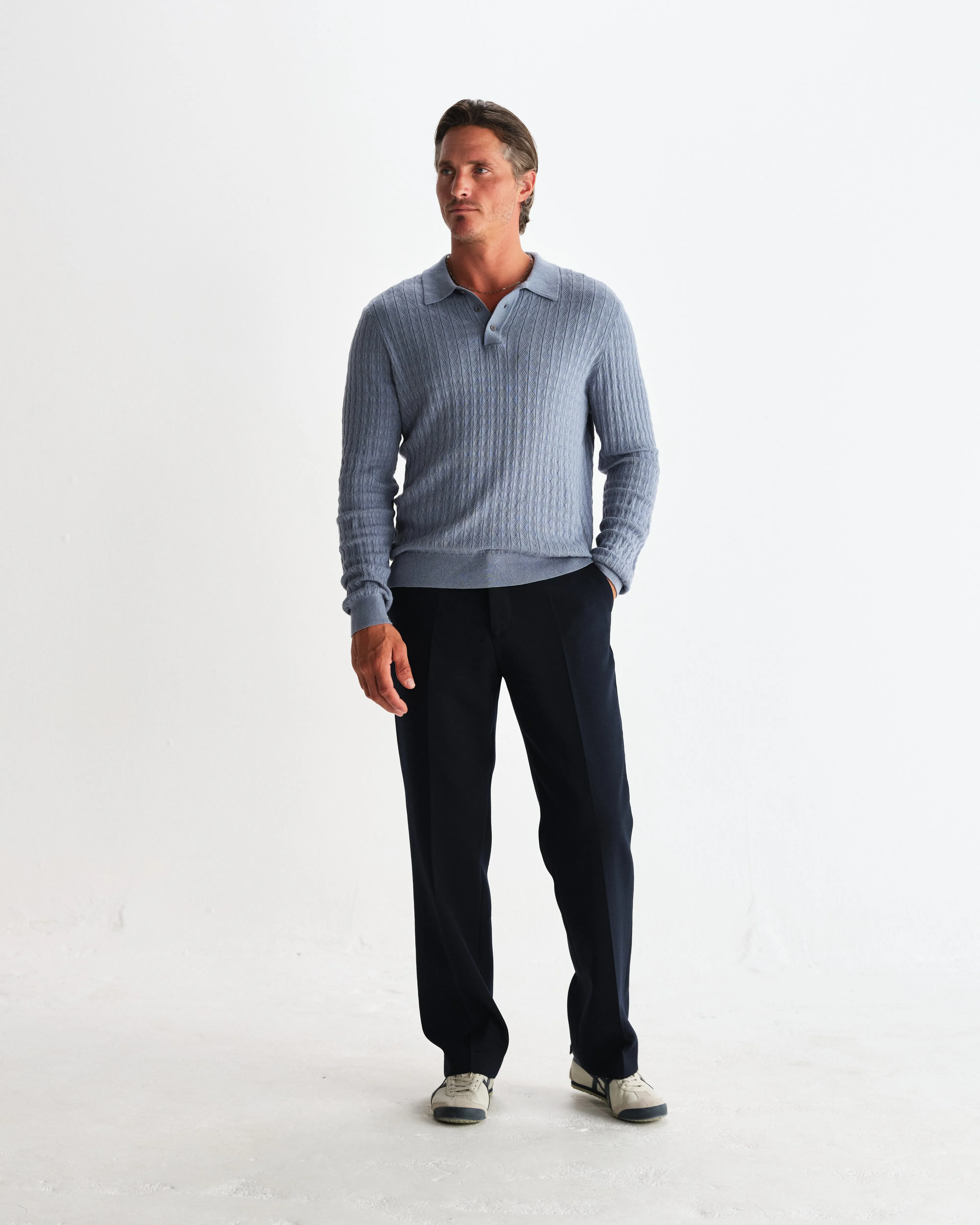 Oban - Grey Blue Diamond Stripe Knitted Polo sold by Wax London product image thumbnail 4