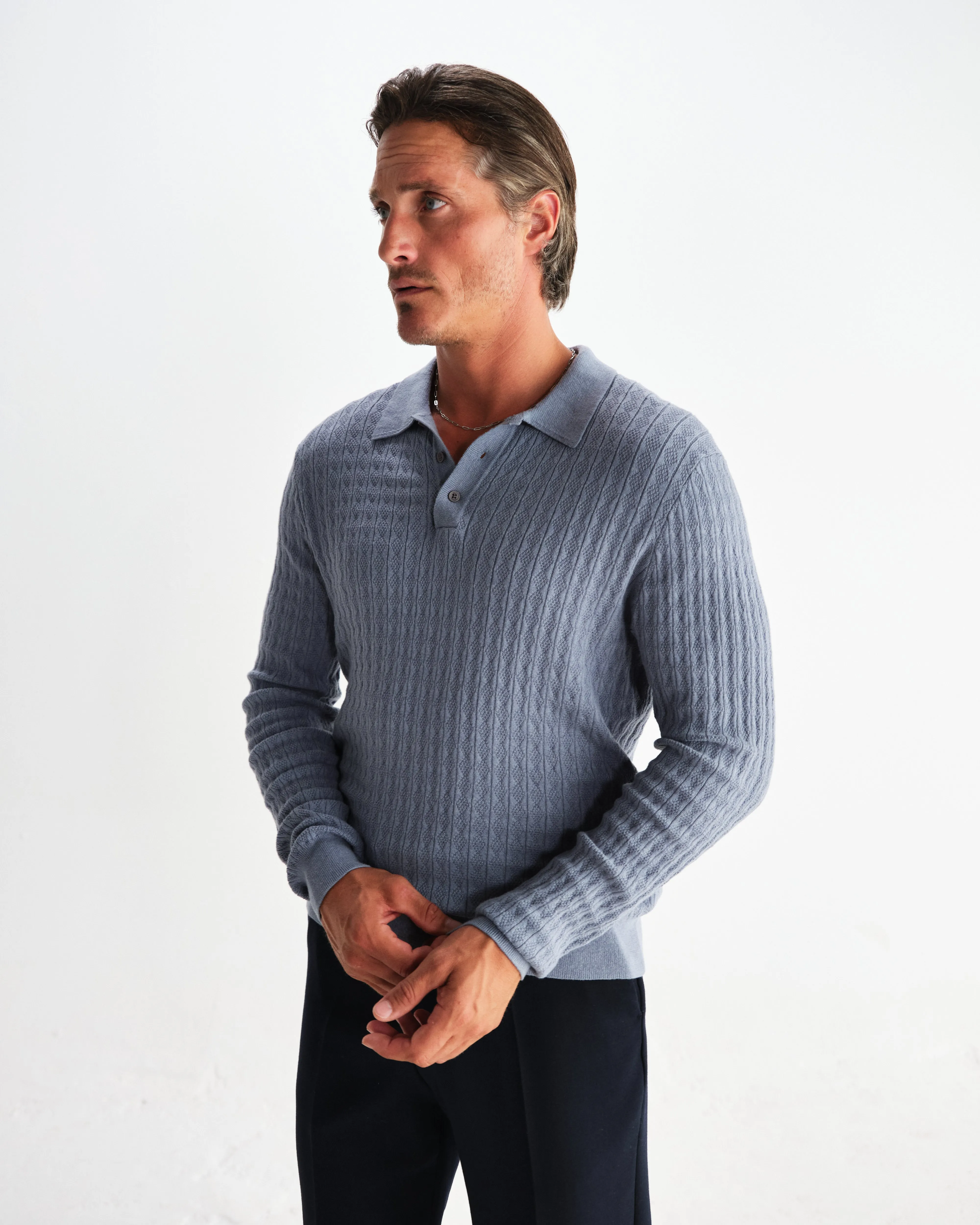 Oban - Grey Blue Diamond Stripe Knitted Polo sold by Wax London product image thumbnail 2