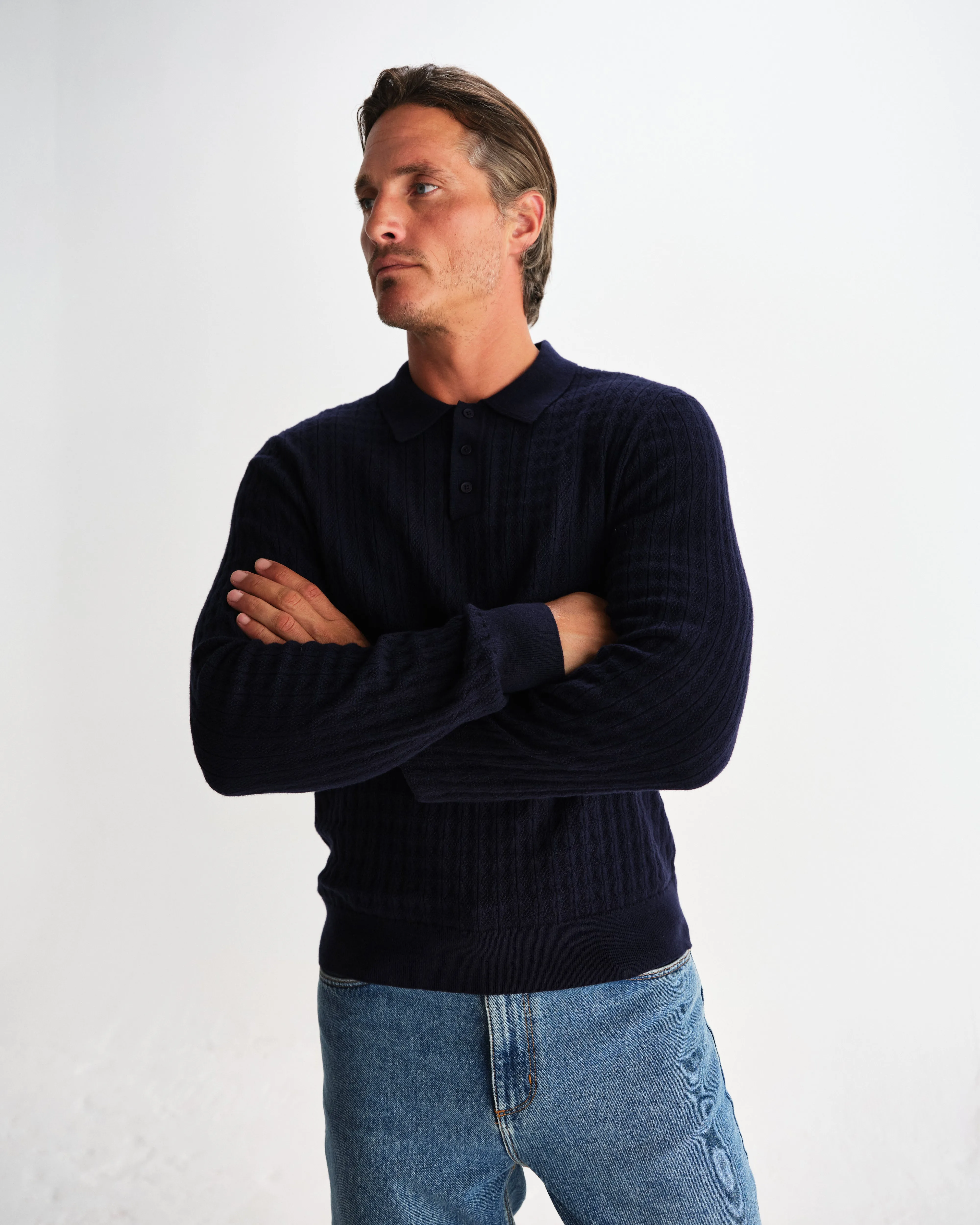 Oban - Navy Diamond Stripe Knitted Polo sold by Wax London product image thumbnail 2