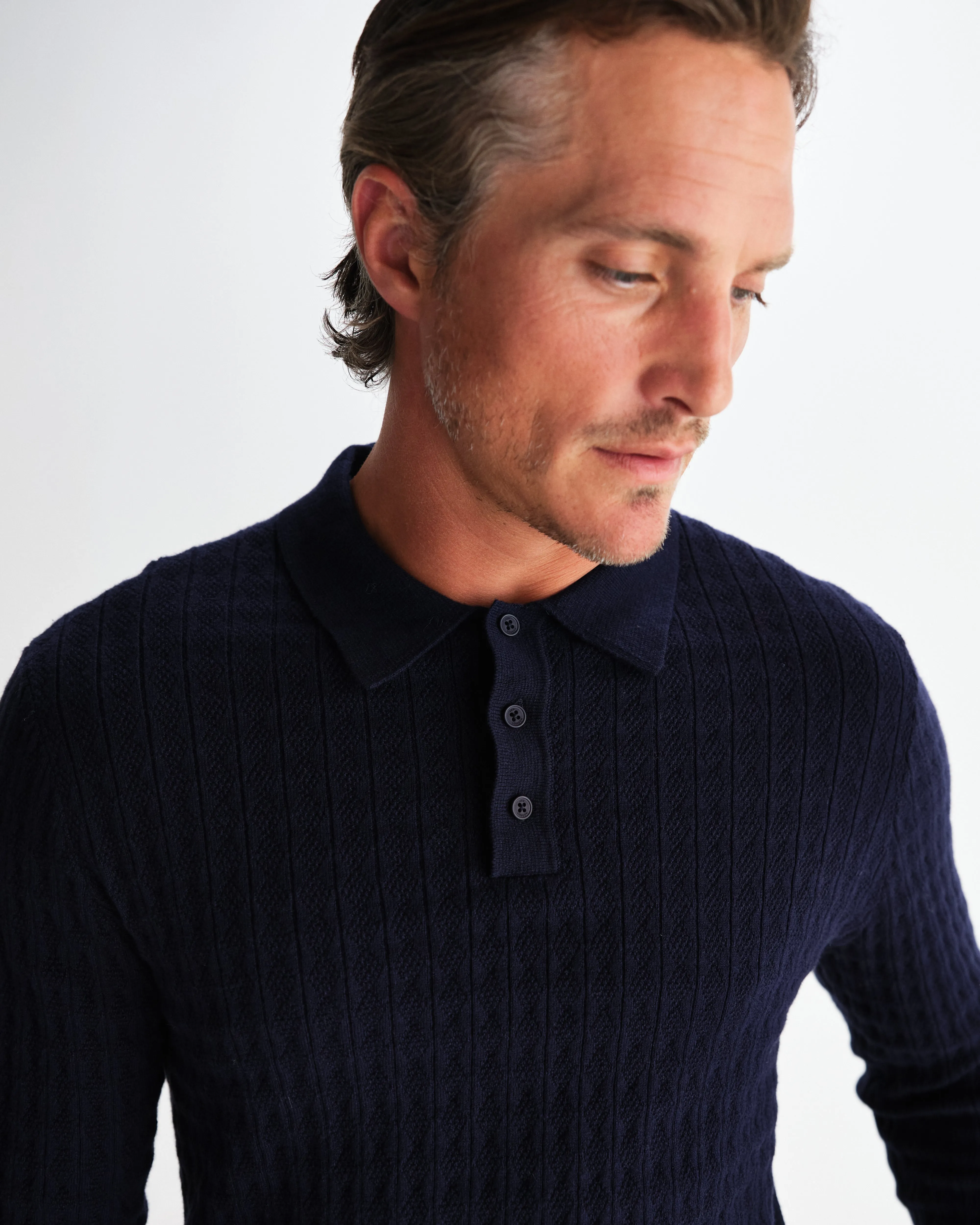 Oban - Navy Diamond Stripe Knitted Polo sold by Wax London product image thumbnail 3