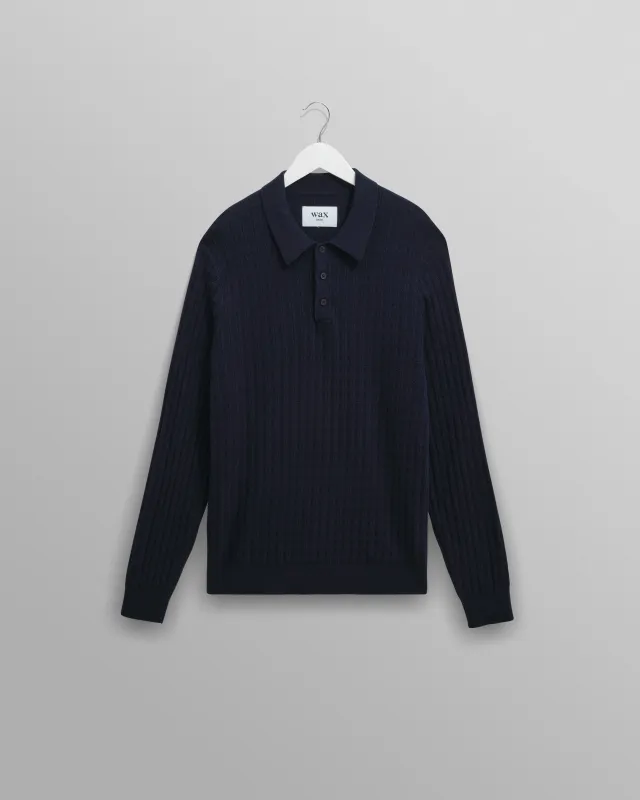 Oban - Navy Diamond Stripe Knitted Polo made by Wax London