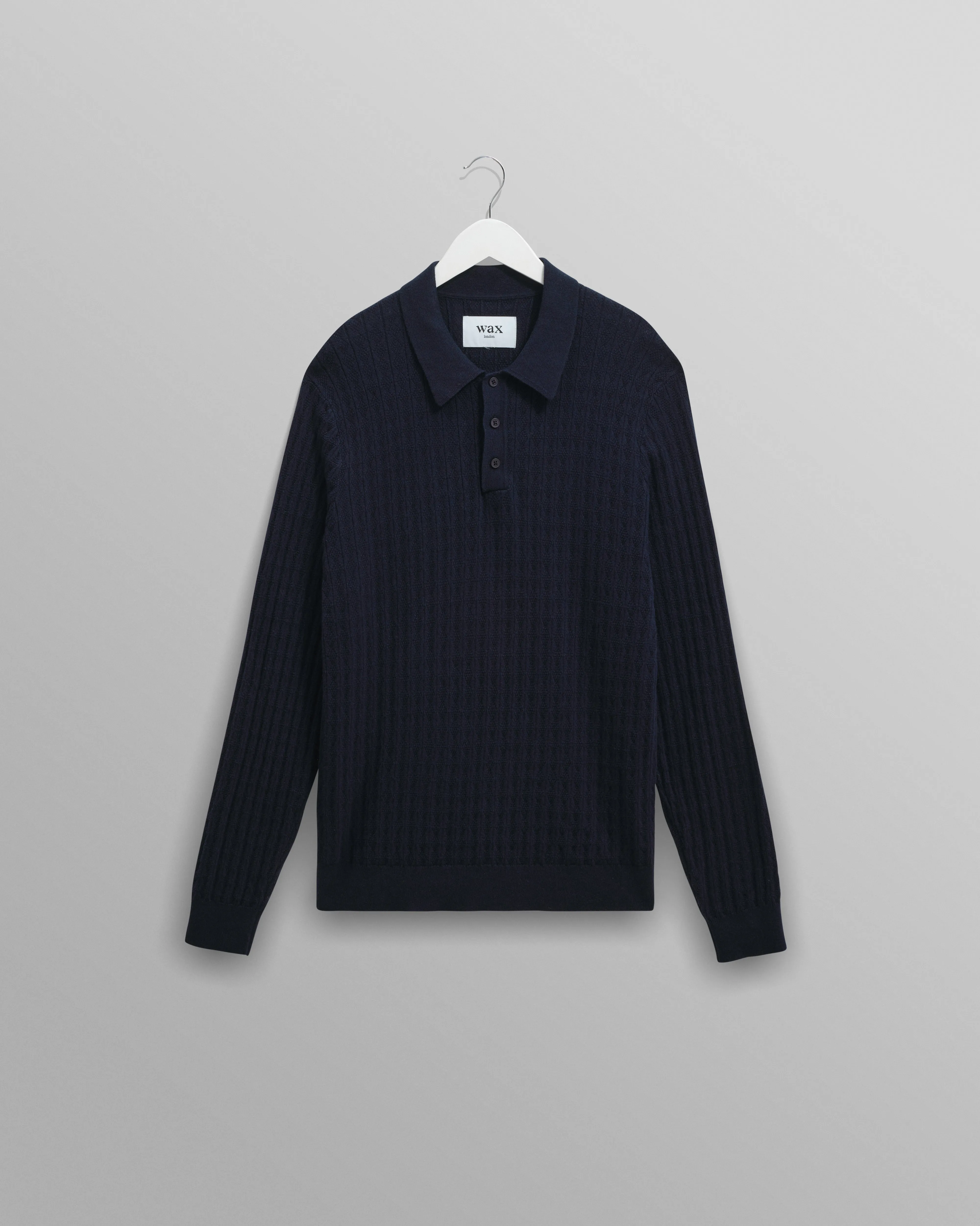 Oban - Navy Diamond Stripe Knitted Polo sold by Wax London