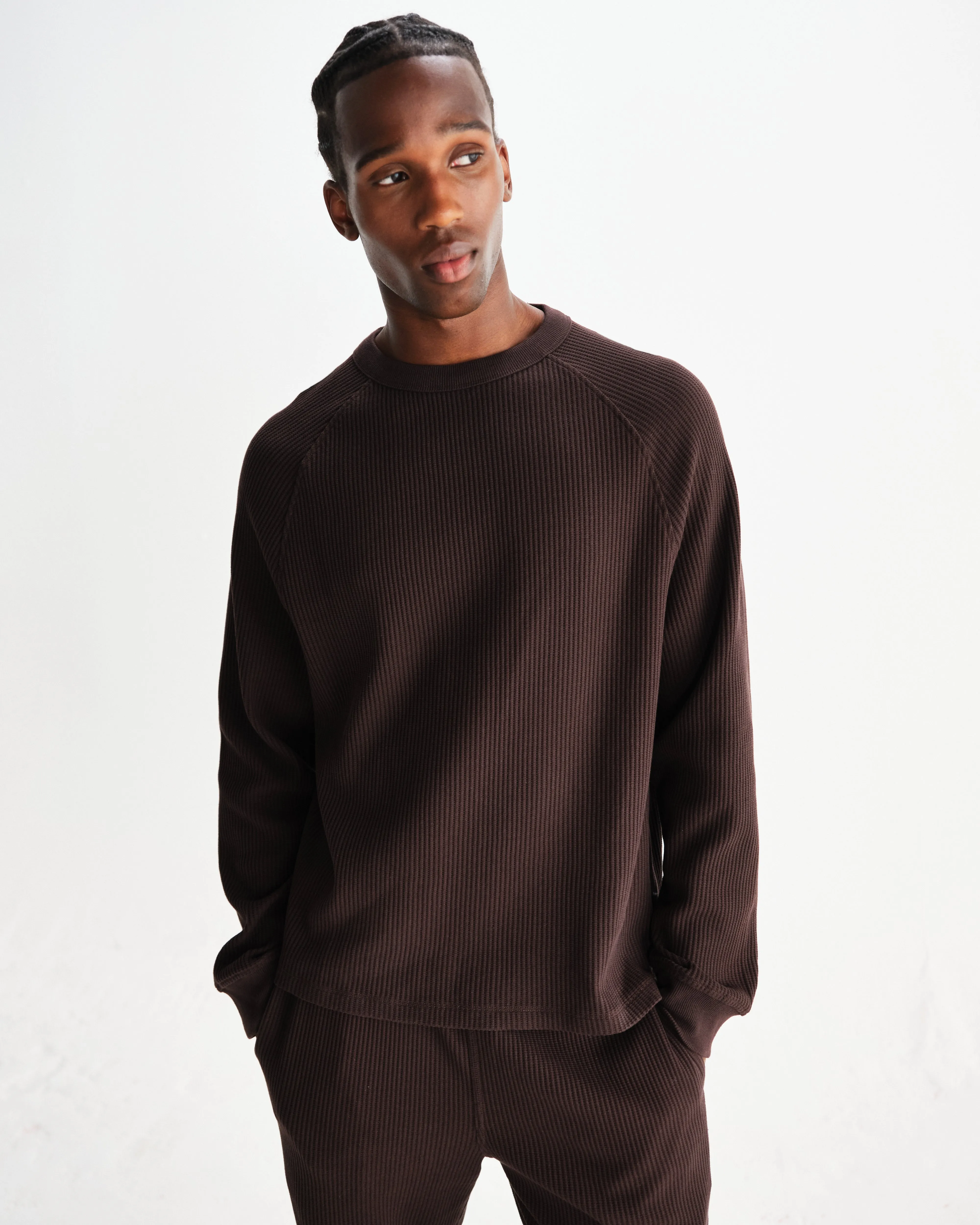 Riley - Dark Brown Structured Waffle Crewneck Jumper sold by Wax London product image thumbnail 2