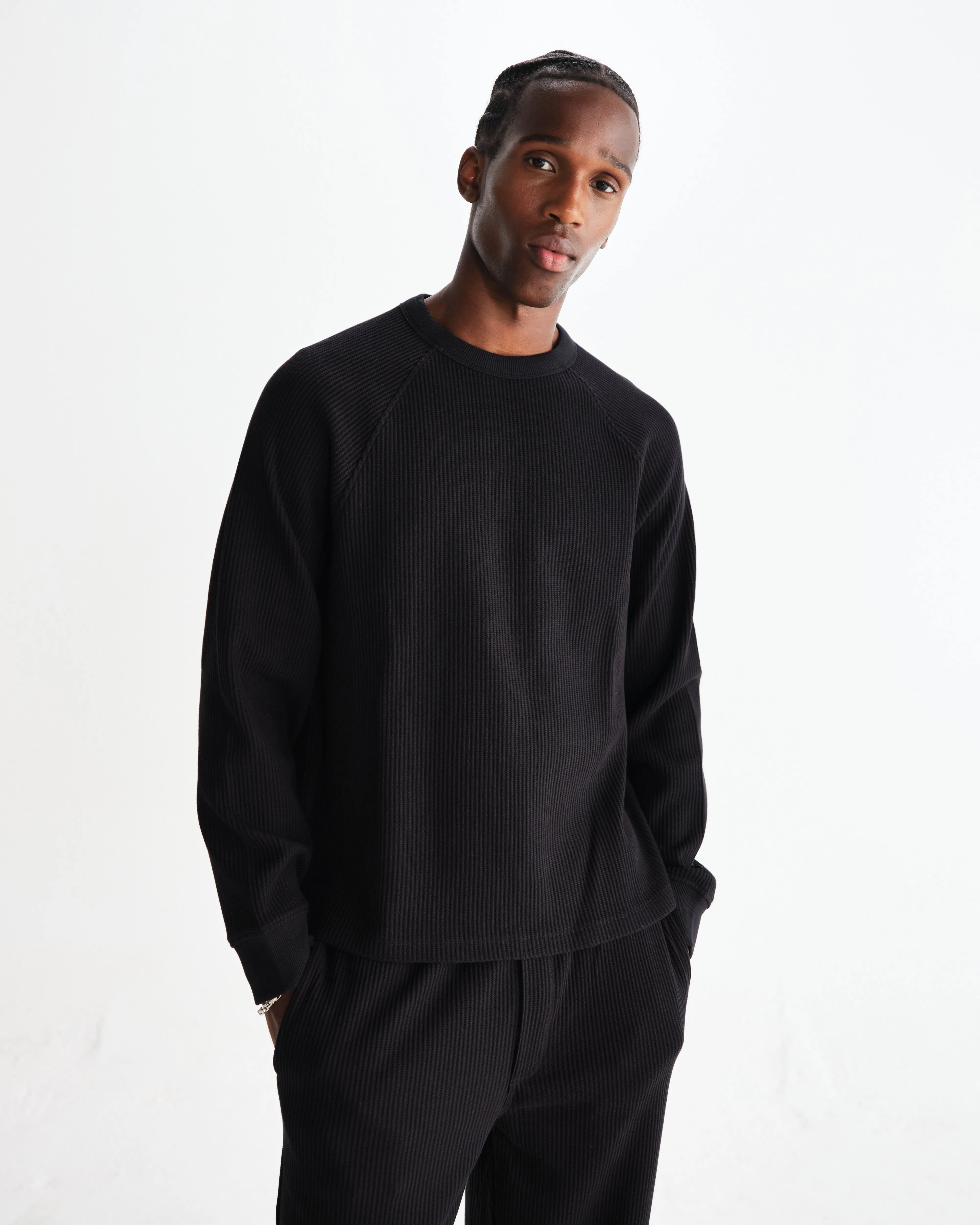 Riley - Black Structured Waffle Crewneck Jumper sold by Wax London product image thumbnail 2