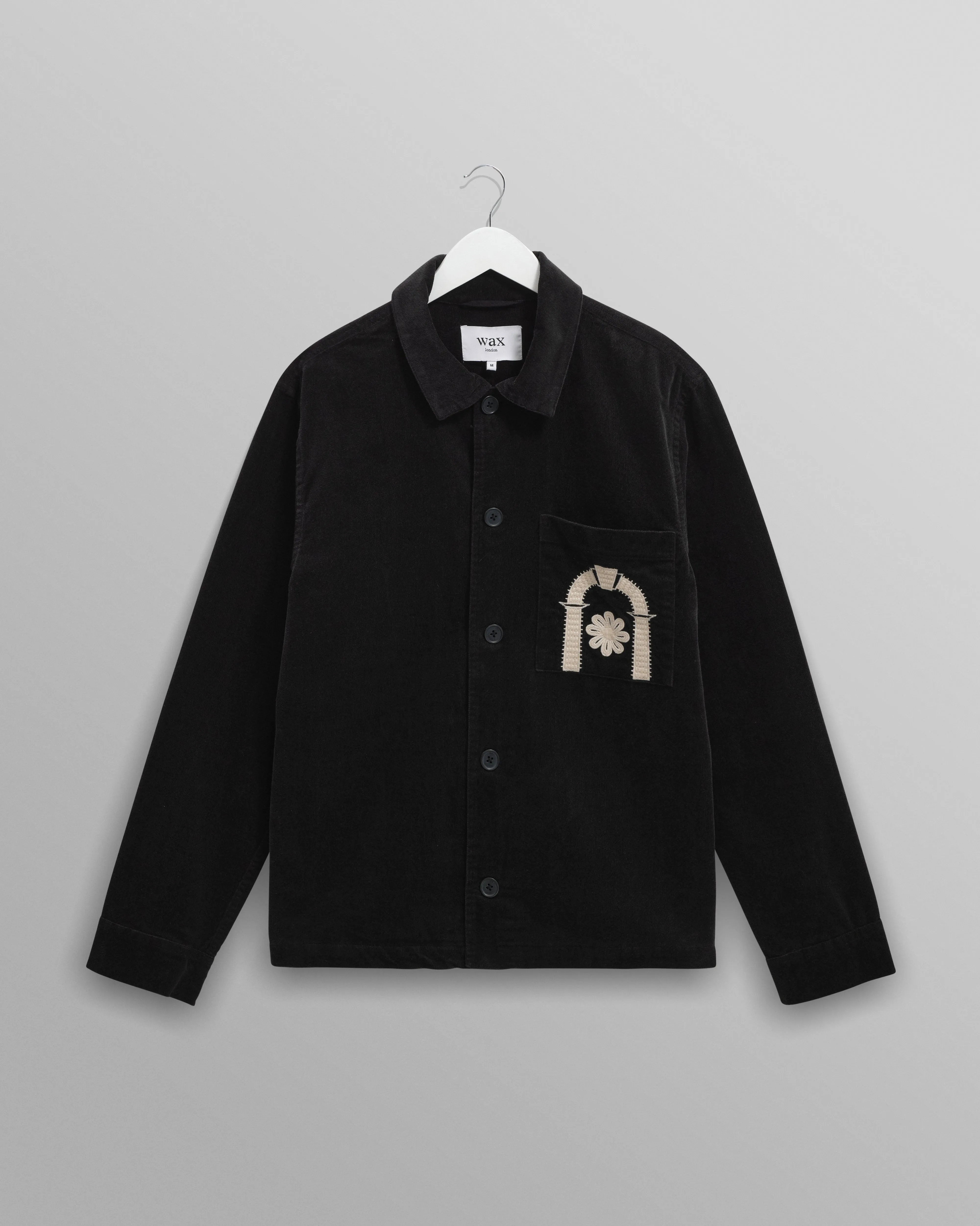Rockley - Black And Ecru Applique Velvet Overshirt sold by Wax London