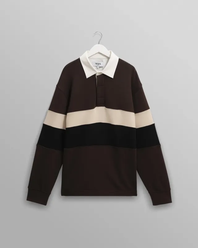 Rowhill - Brown And Black Panelled Loopback Rugby Shirt sold by Wax London