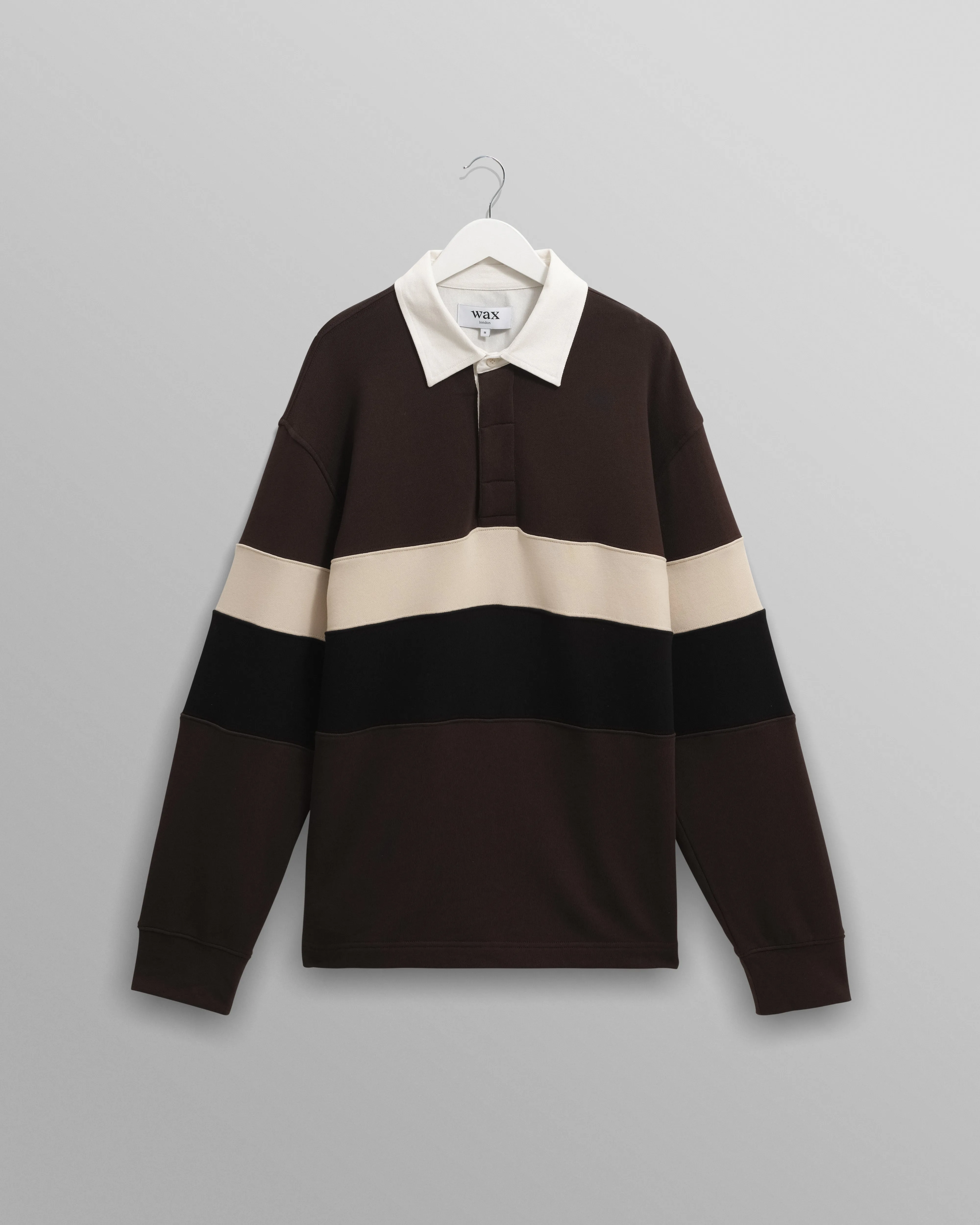Rowhill - Brown And Black Panelled Loopback Rugby Shirt sold by Wax London