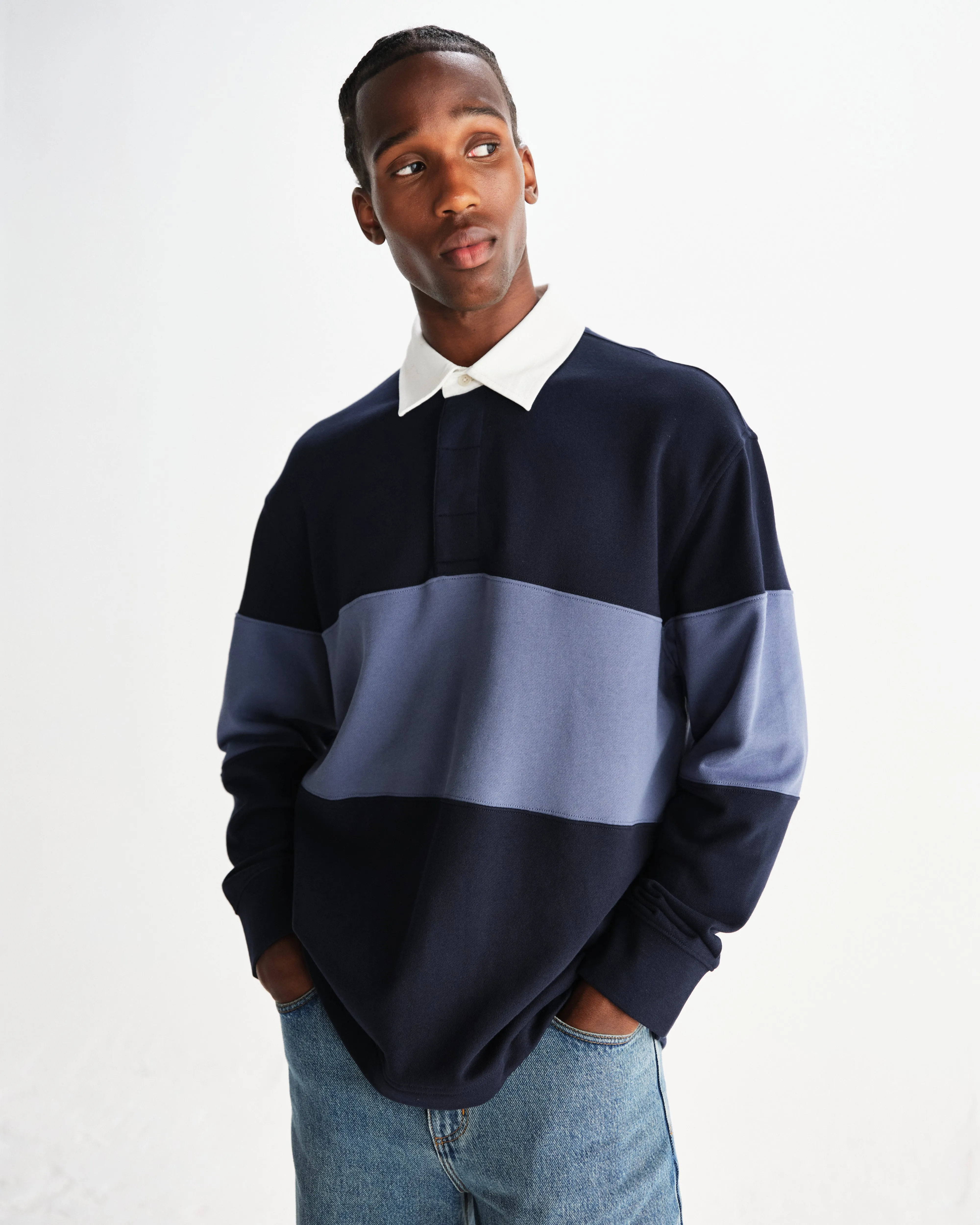 Rowhill - Navy And Blue Panelled Loopback Rugby Shirt sold by Wax London product image thumbnail 2