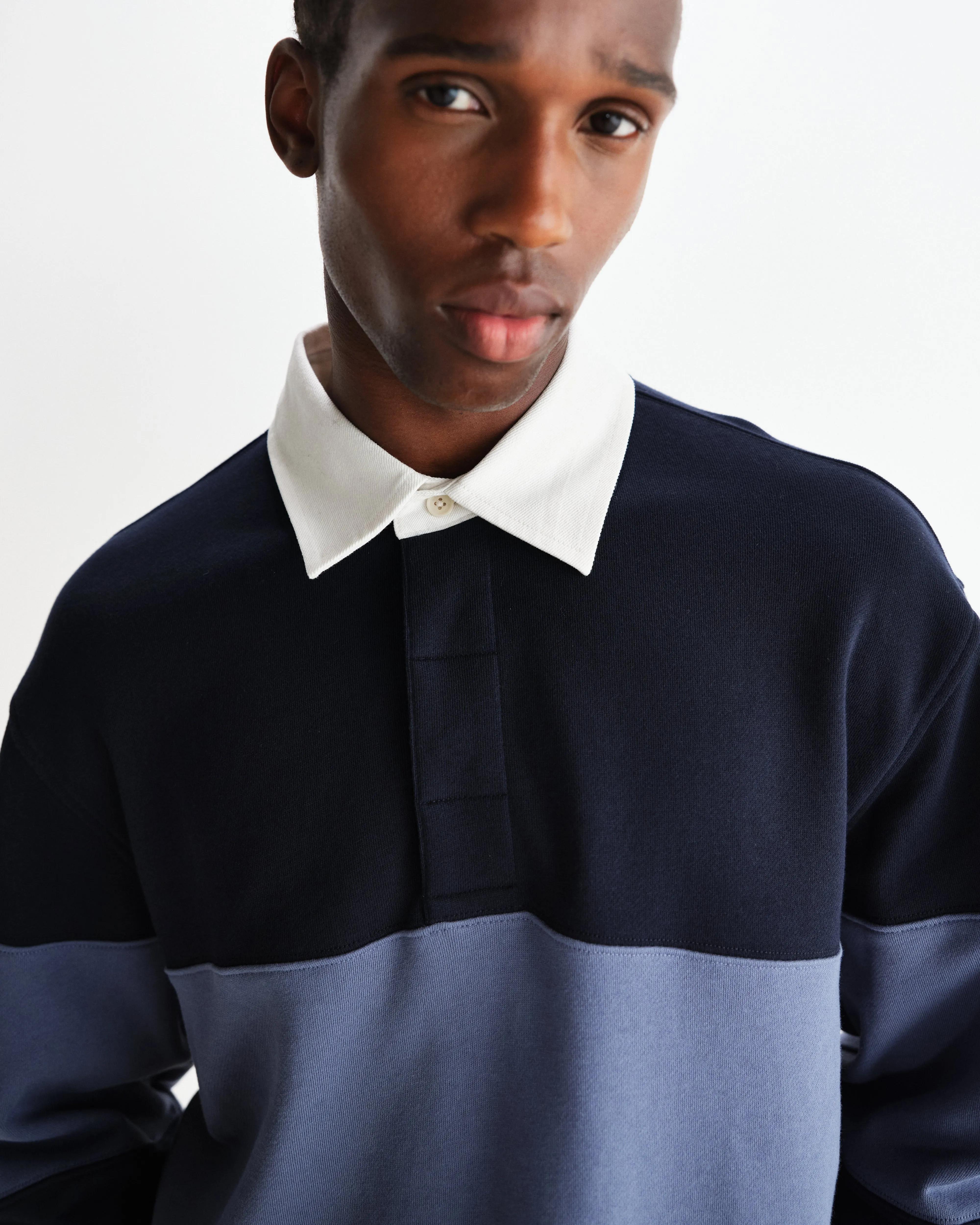 Rowhill - Navy And Blue Panelled Loopback Rugby Shirt sold by Wax London product image thumbnail 3