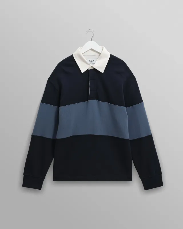 Rowhill - Navy And Blue Panelled Loopback Rugby Shirt sold by Wax London