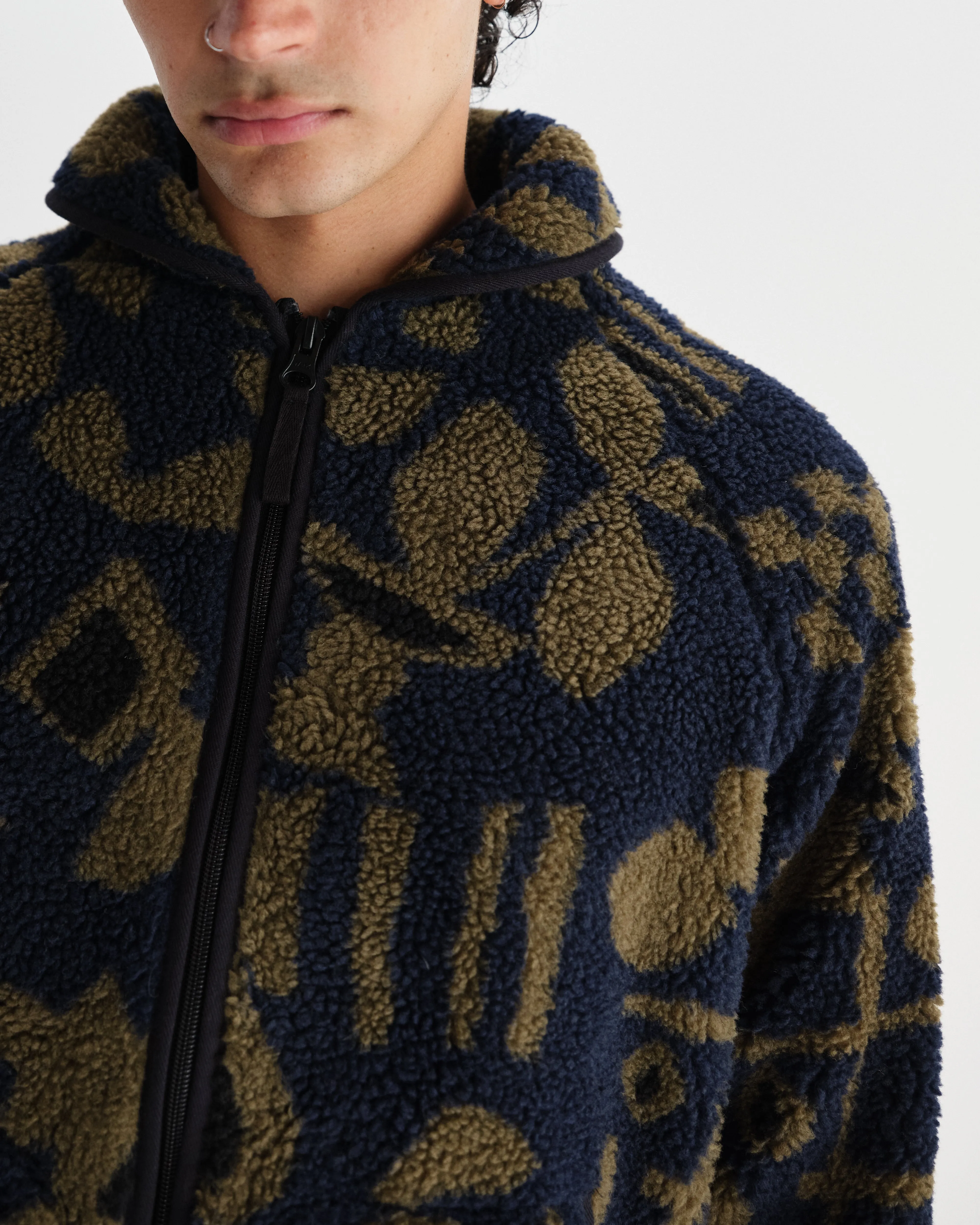 Tate - Navy And Khaki Shapes Jacquard Fleece Jacket sold by Wax London product image thumbnail 3