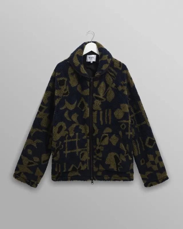 Tate - Navy And Khaki Shapes Jacquard Fleece Jacket sold by Wax London