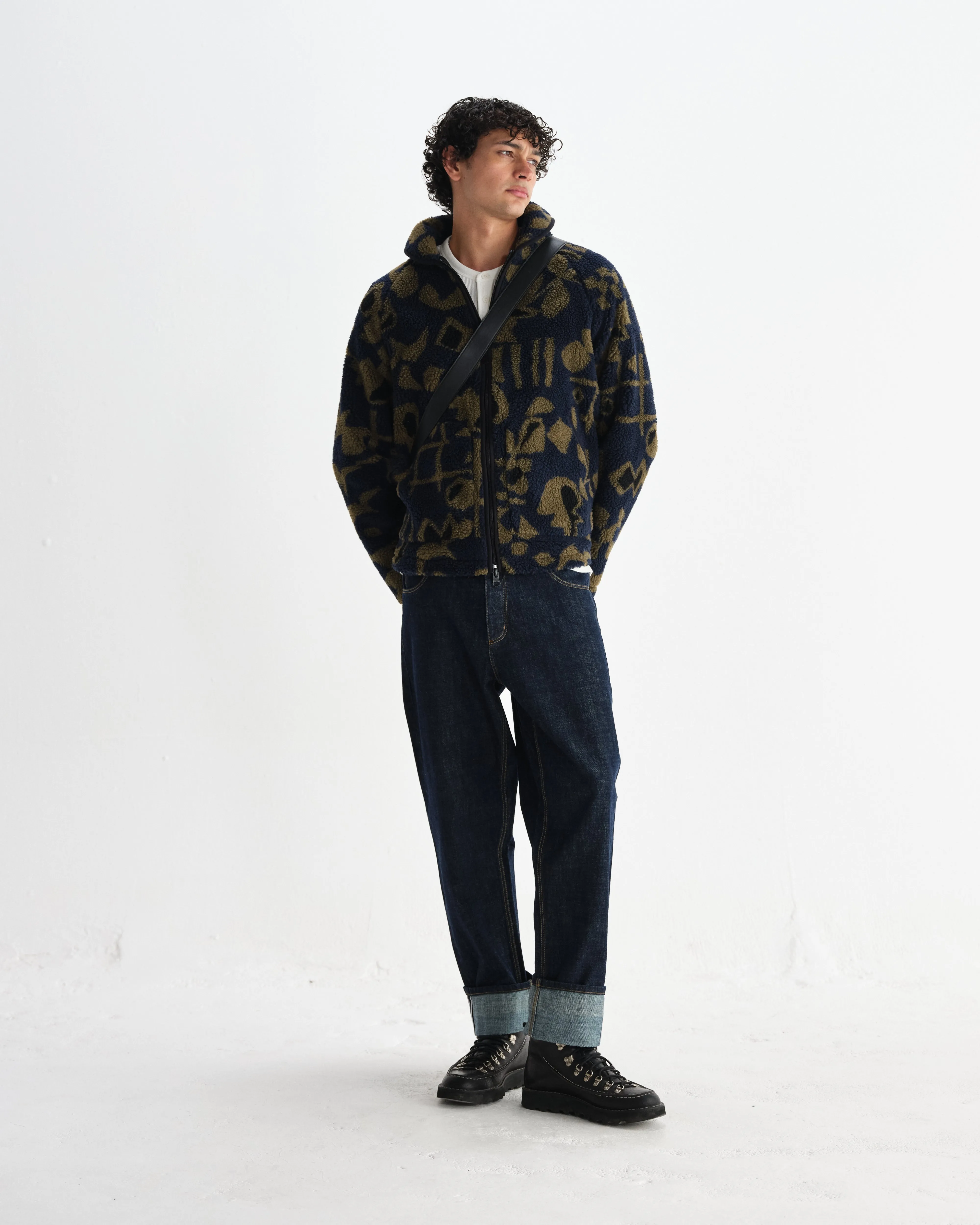 Tate - Navy And Khaki Shapes Jacquard Fleece Jacket sold by Wax London product image thumbnail 4