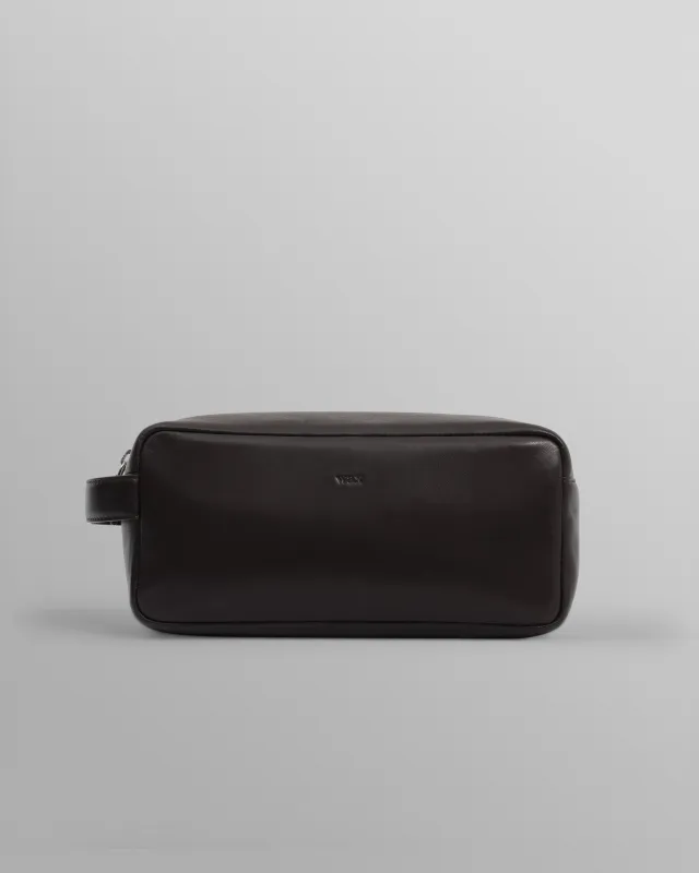 Wells - Dark Brown Grain Leather Washbag sold by Wax London