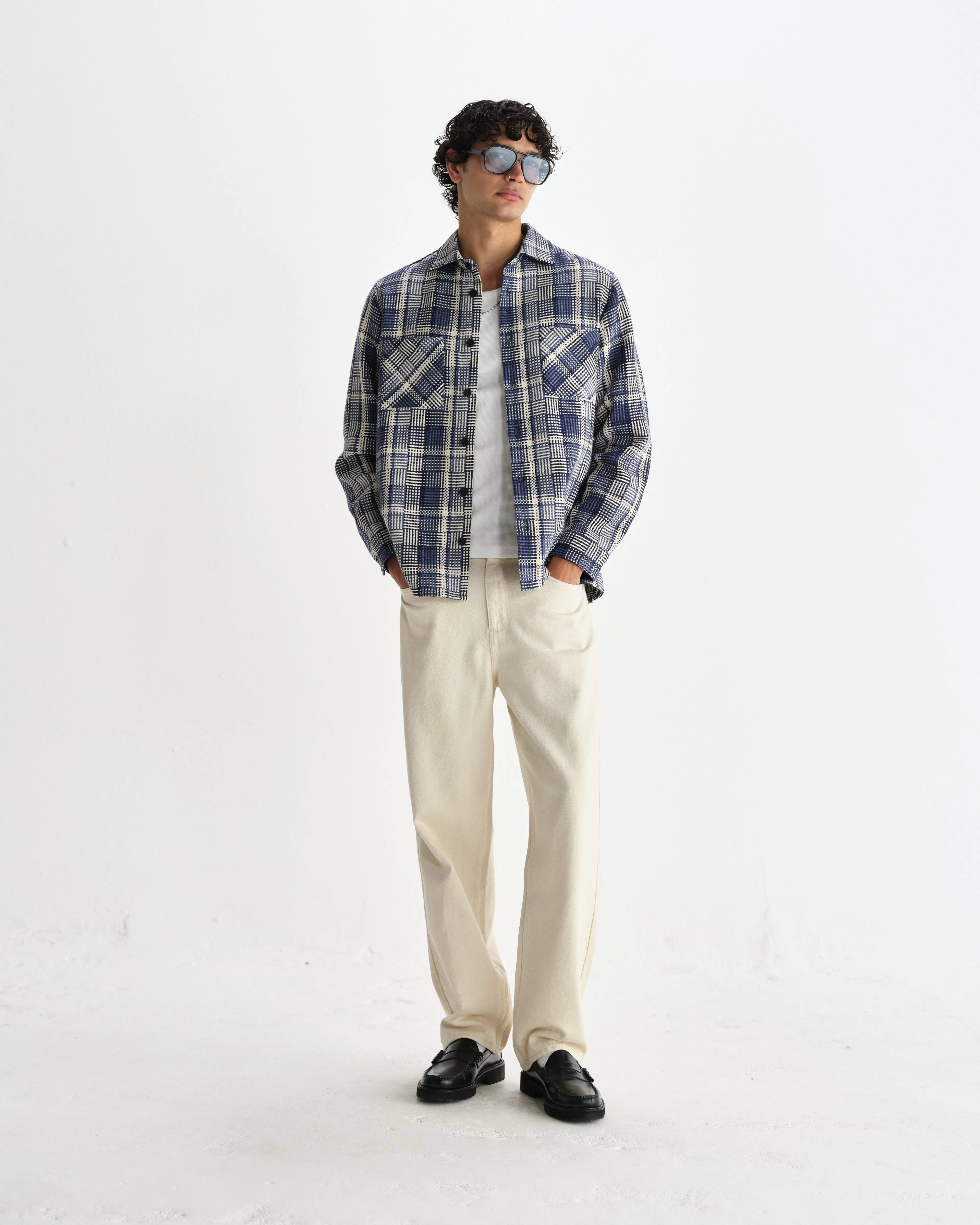 Whiting - Blue And Ecru Basket Weave Overshirt sold by Wax London product image thumbnail 4