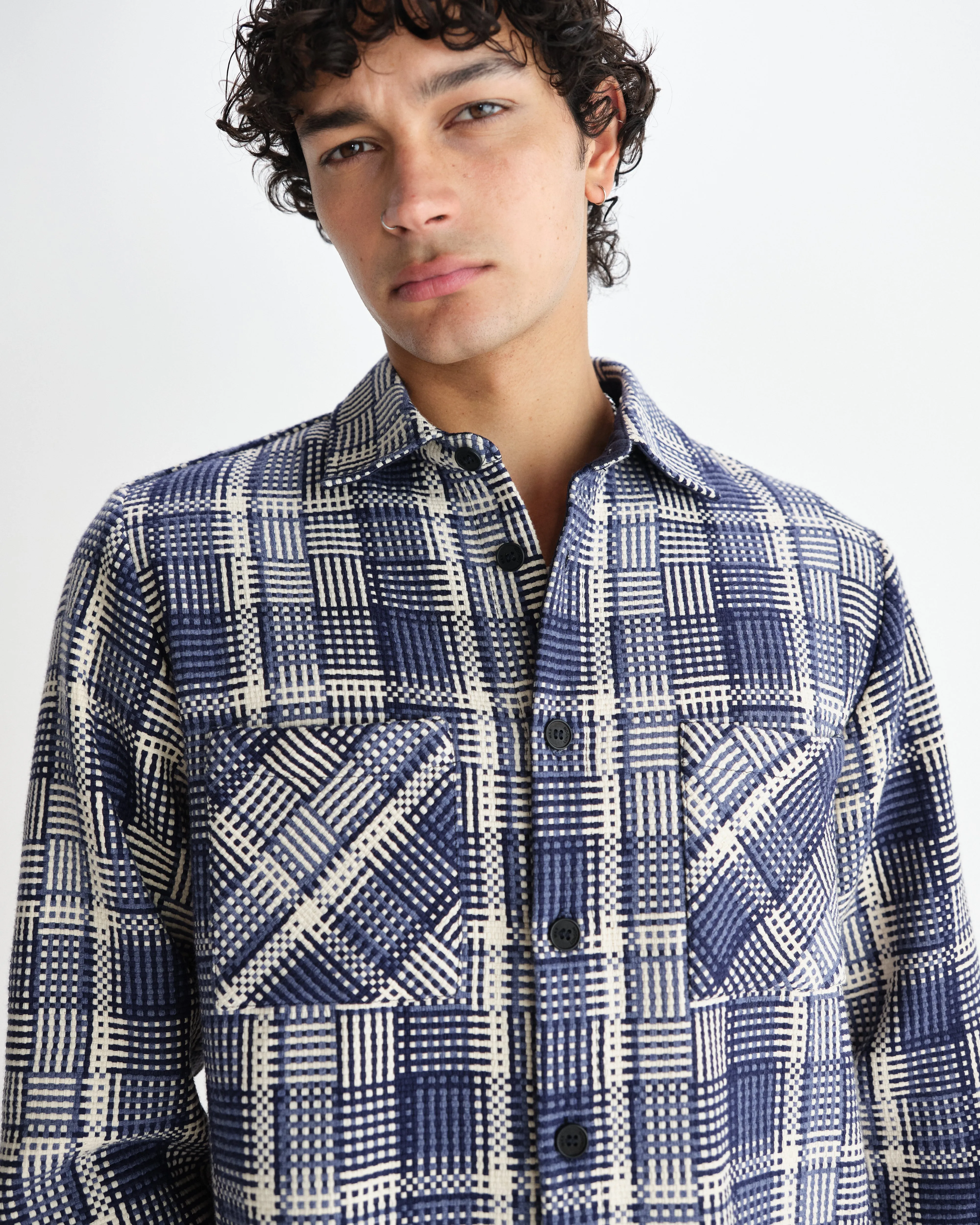 Whiting - Blue And Ecru Basket Weave Overshirt sold by Wax London product image thumbnail 3