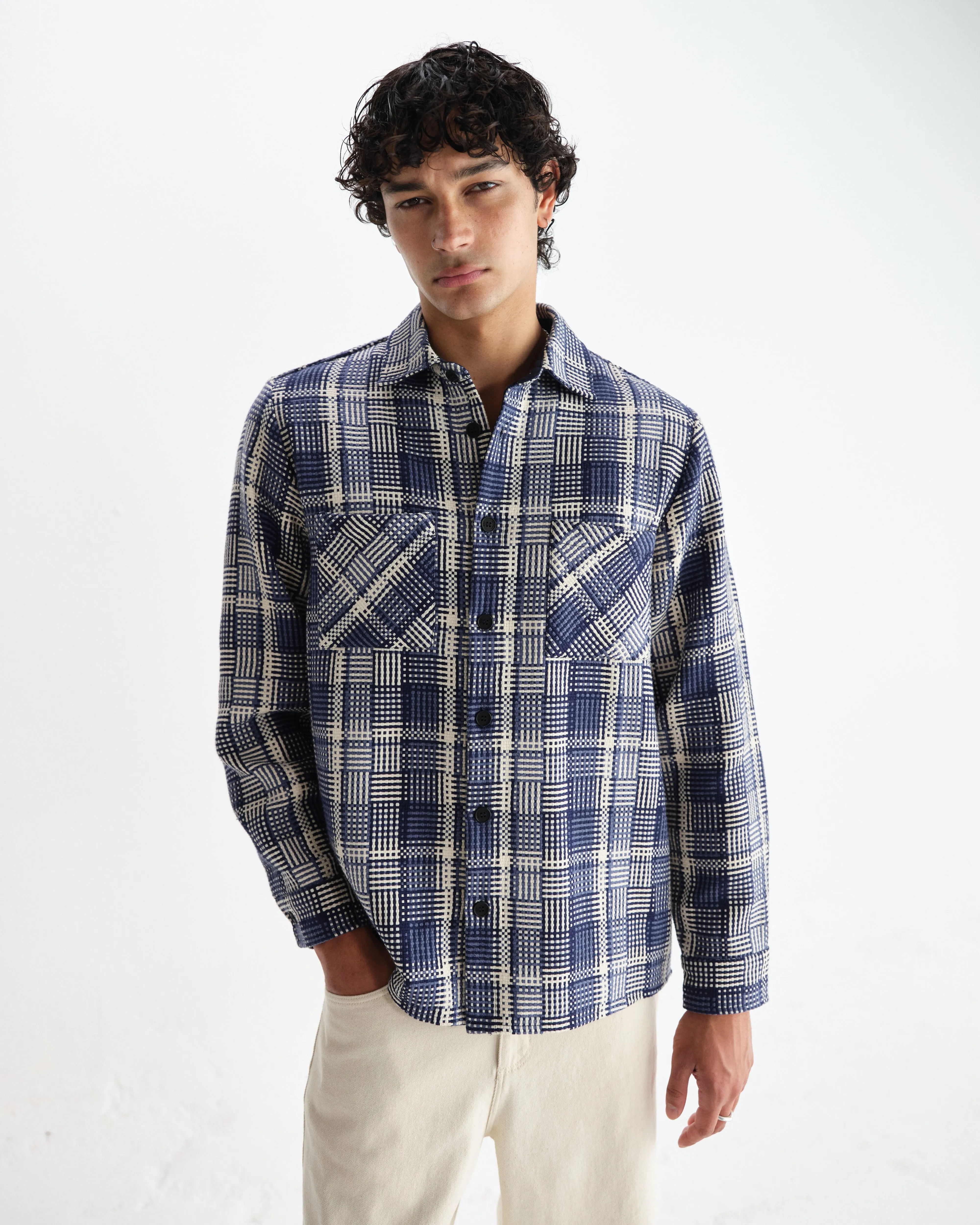 Whiting - Blue And Ecru Basket Weave Overshirt sold by Wax London product image thumbnail 2
