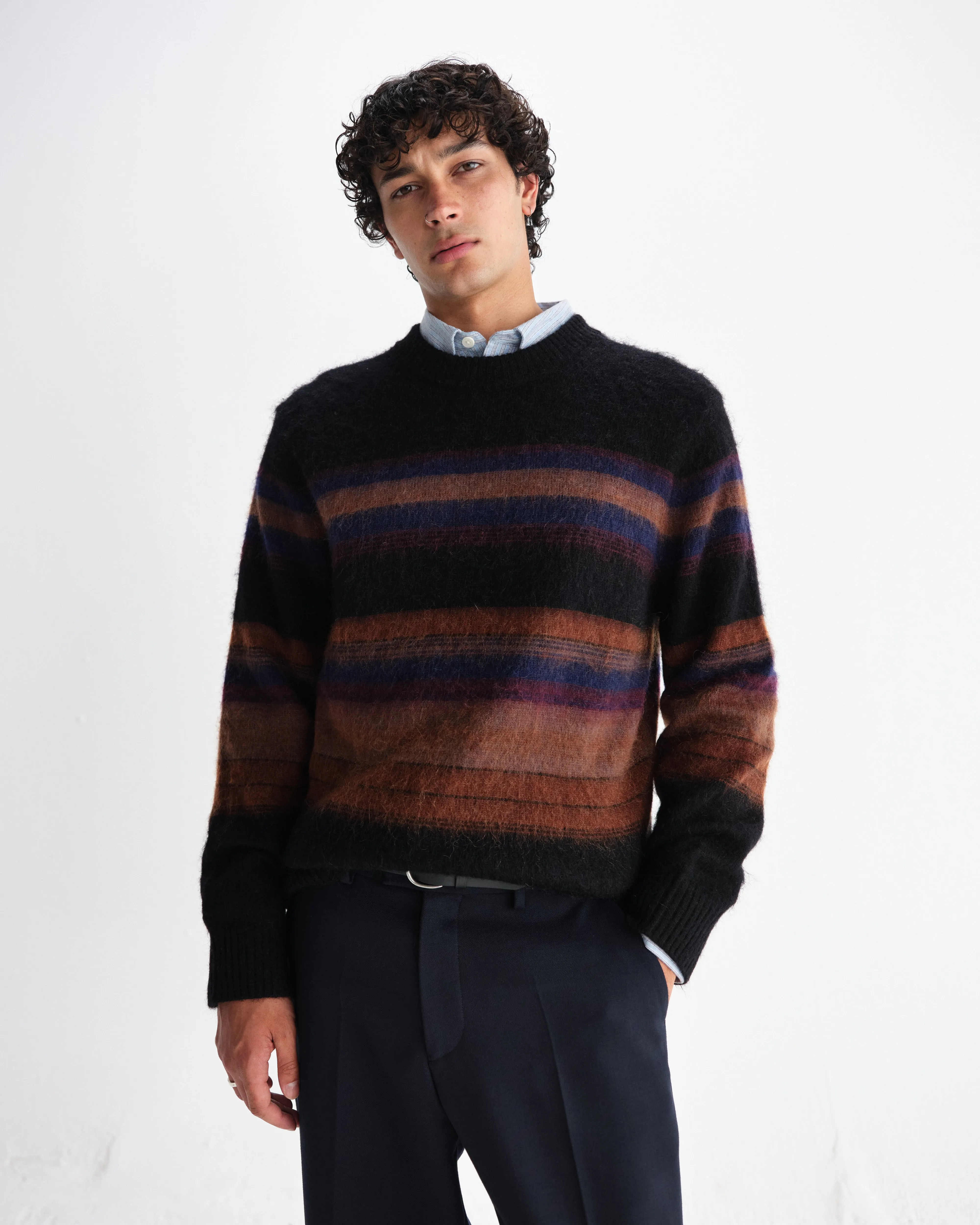 Wilde - Black And Dark Multicolour Brush Stripe Wool Crewneck sold by Wax London product image thumbnail 2