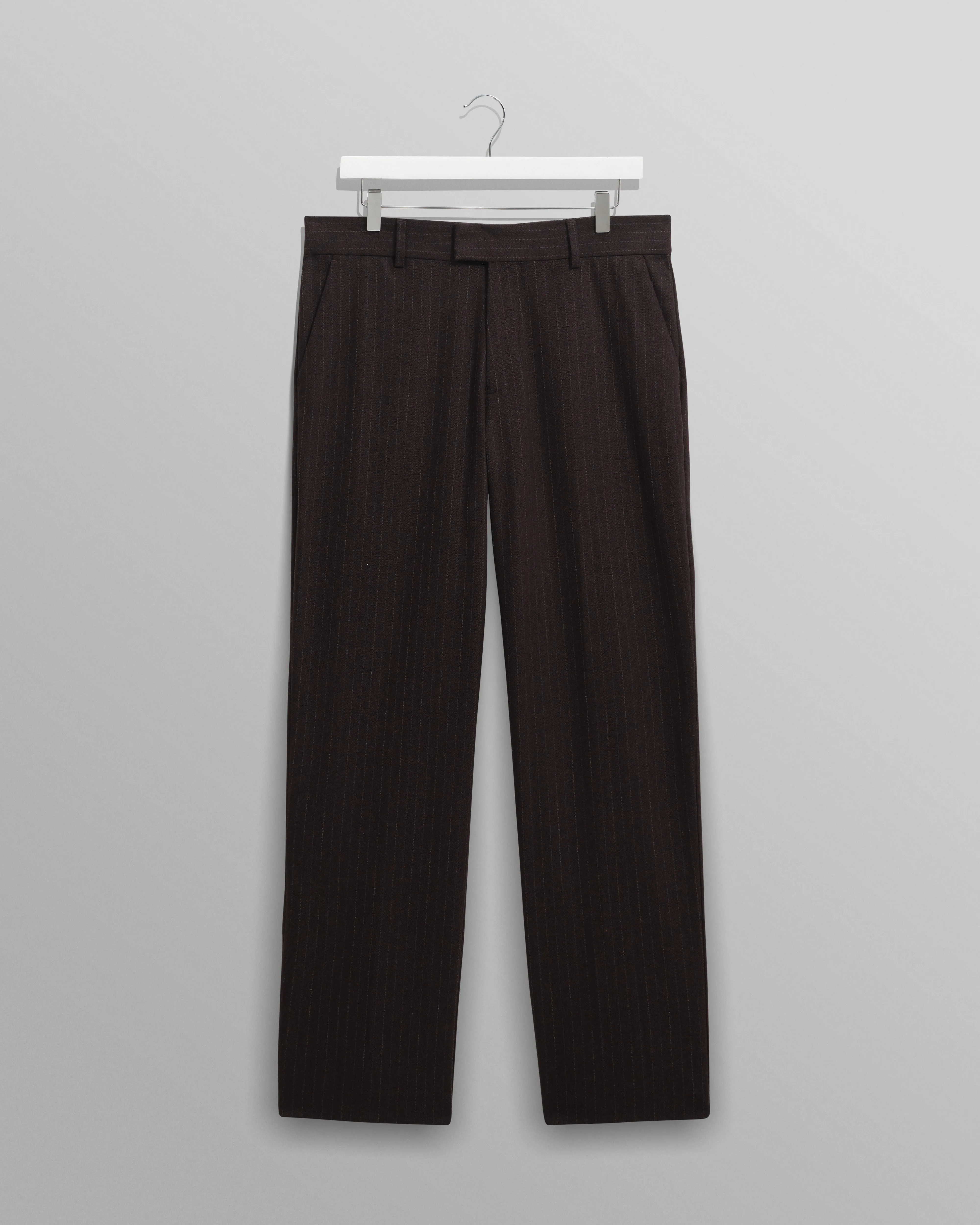 Aston - Dark Brown Wool Pinstripe Trousers sold by Wax London