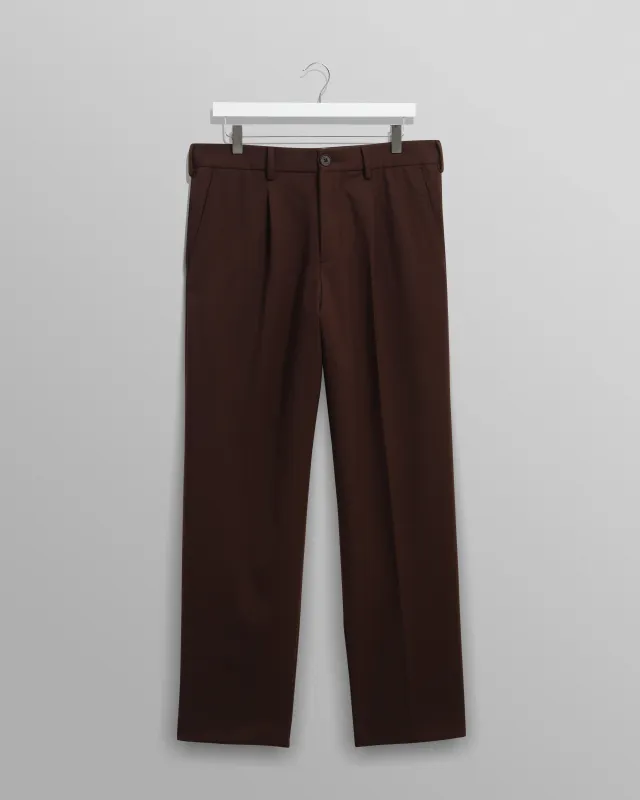 Aubyn - Dark Brown Wool Blend Twill Pleated Trousers sold by Wax London